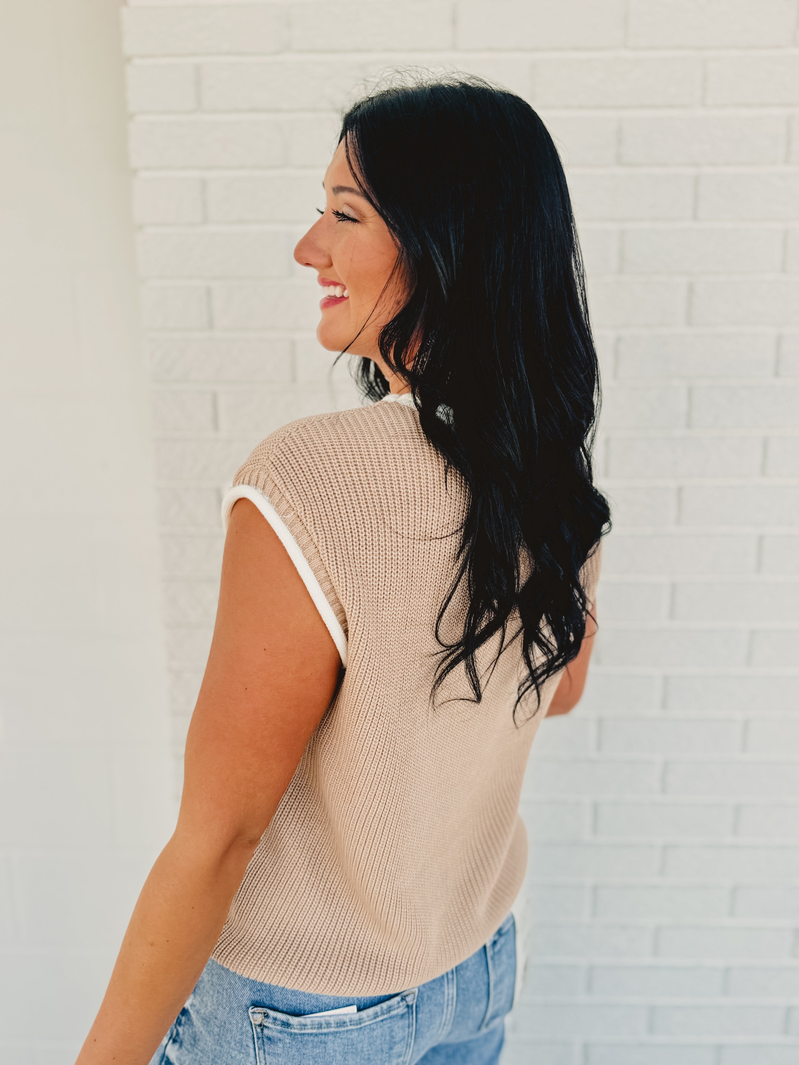 Contrast Rolled Edge Sweater - Natural