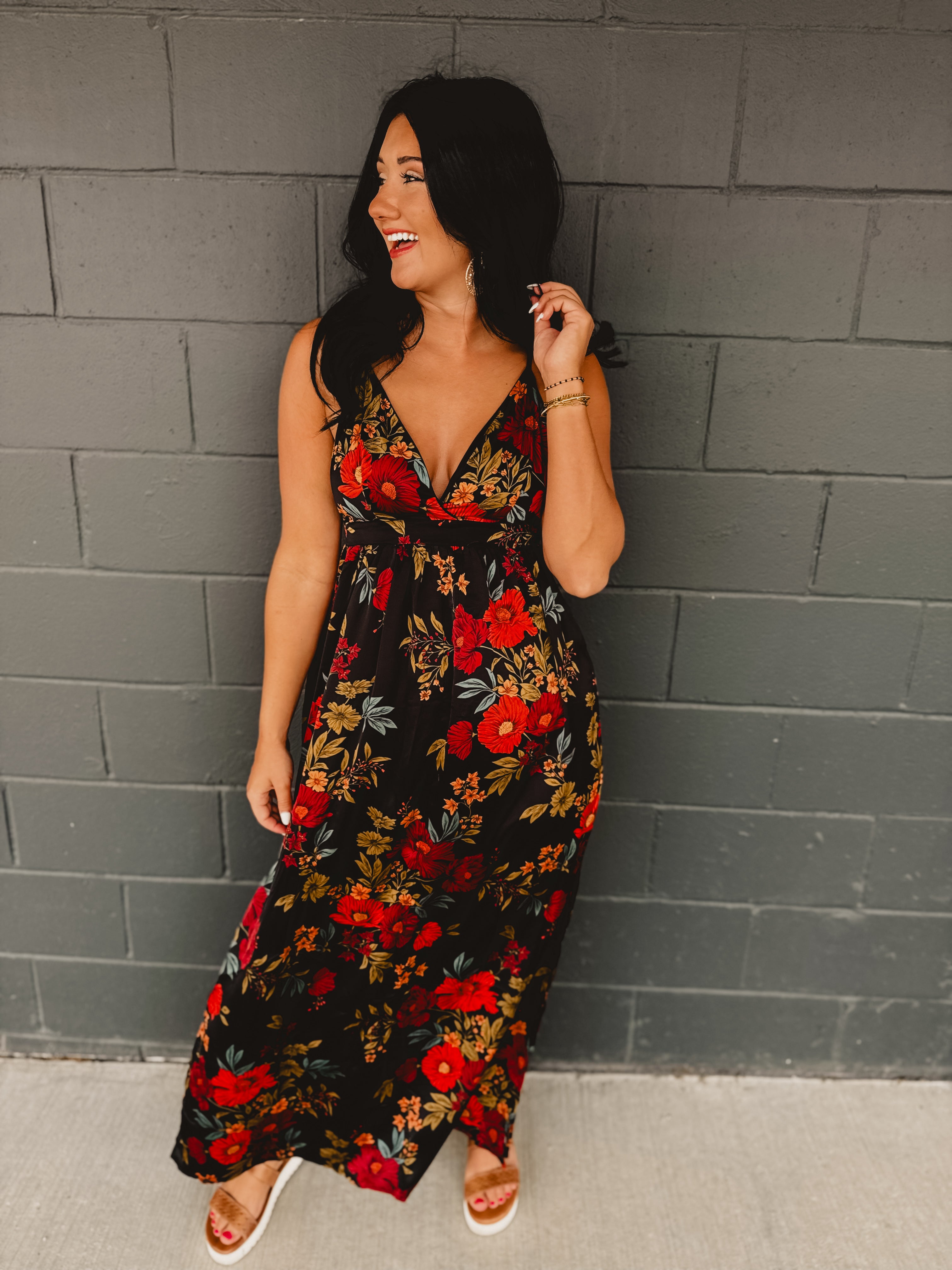 Midnight Floral Strappy Maxi Dress - Black