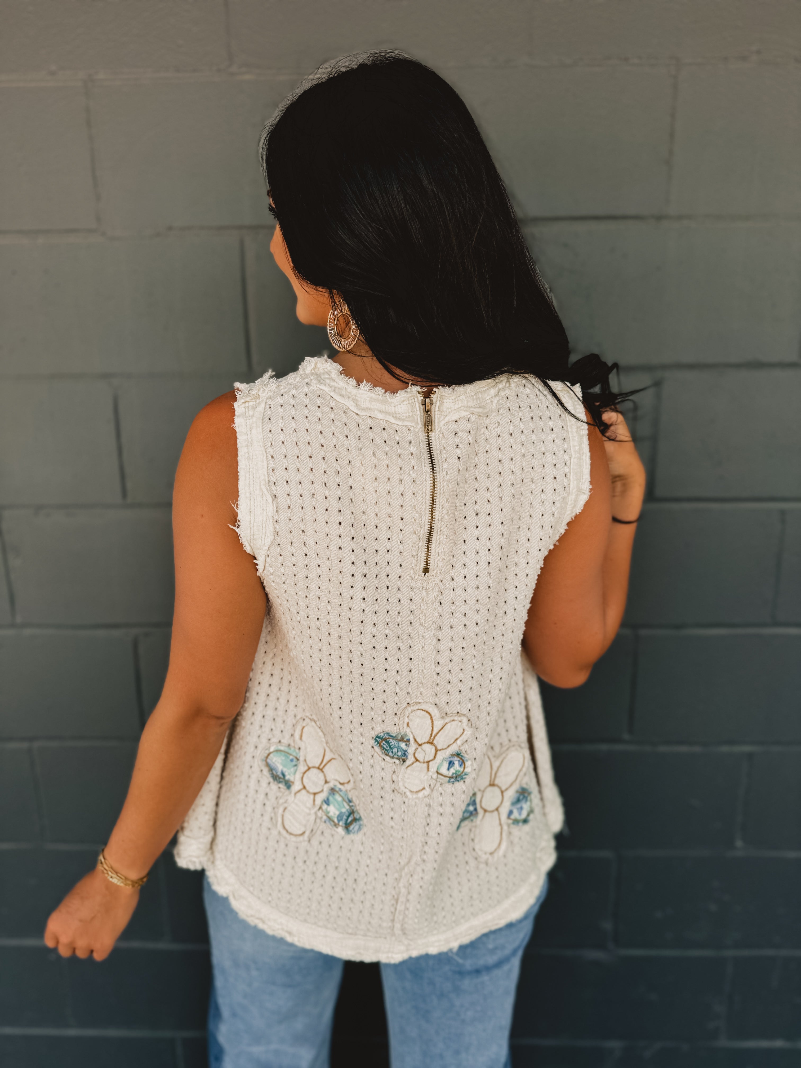 POL Denim Flower Patch Tank Top - Cream