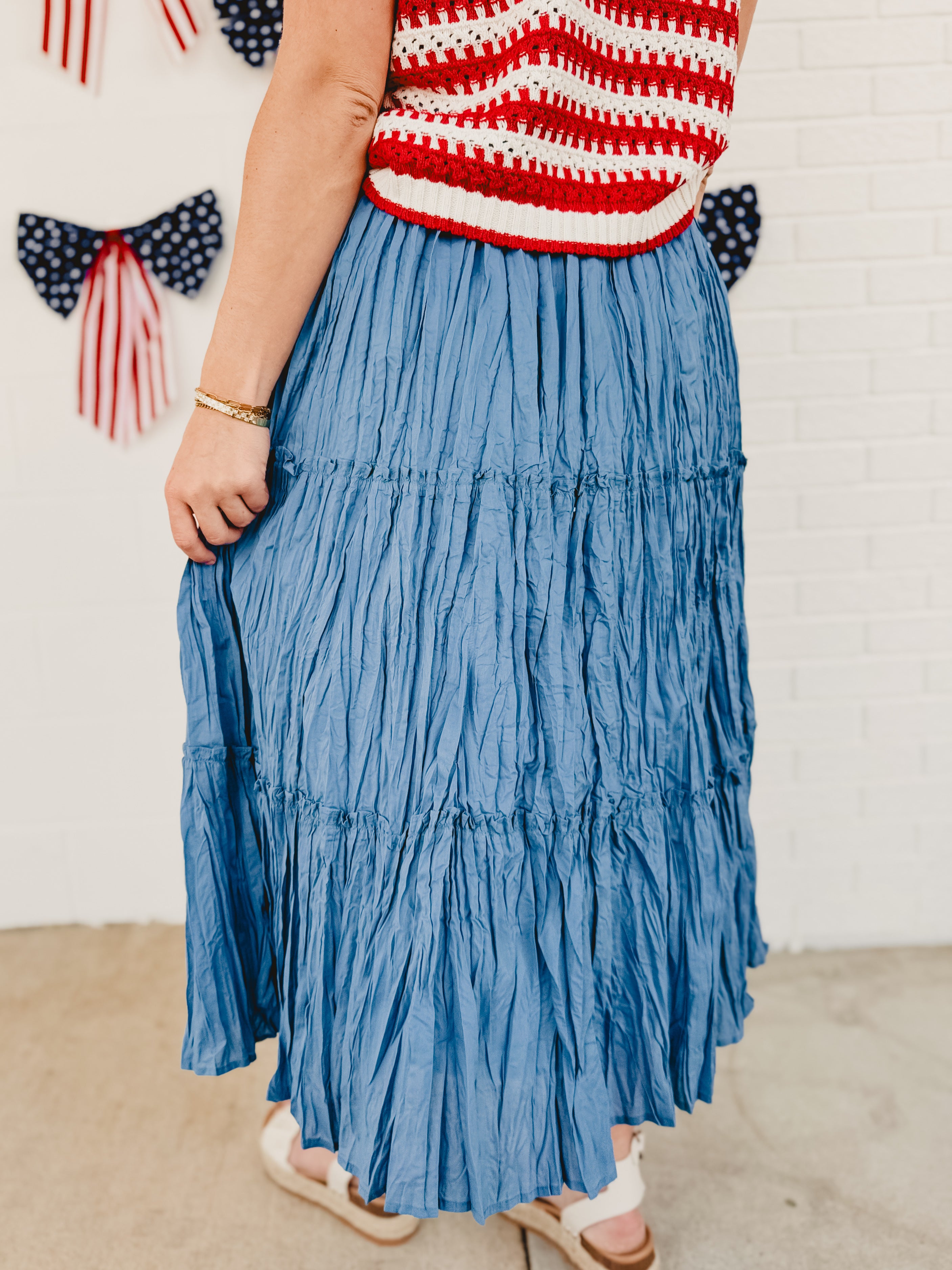 Crinkle Tiered Midi Skirt - Dusty Blue