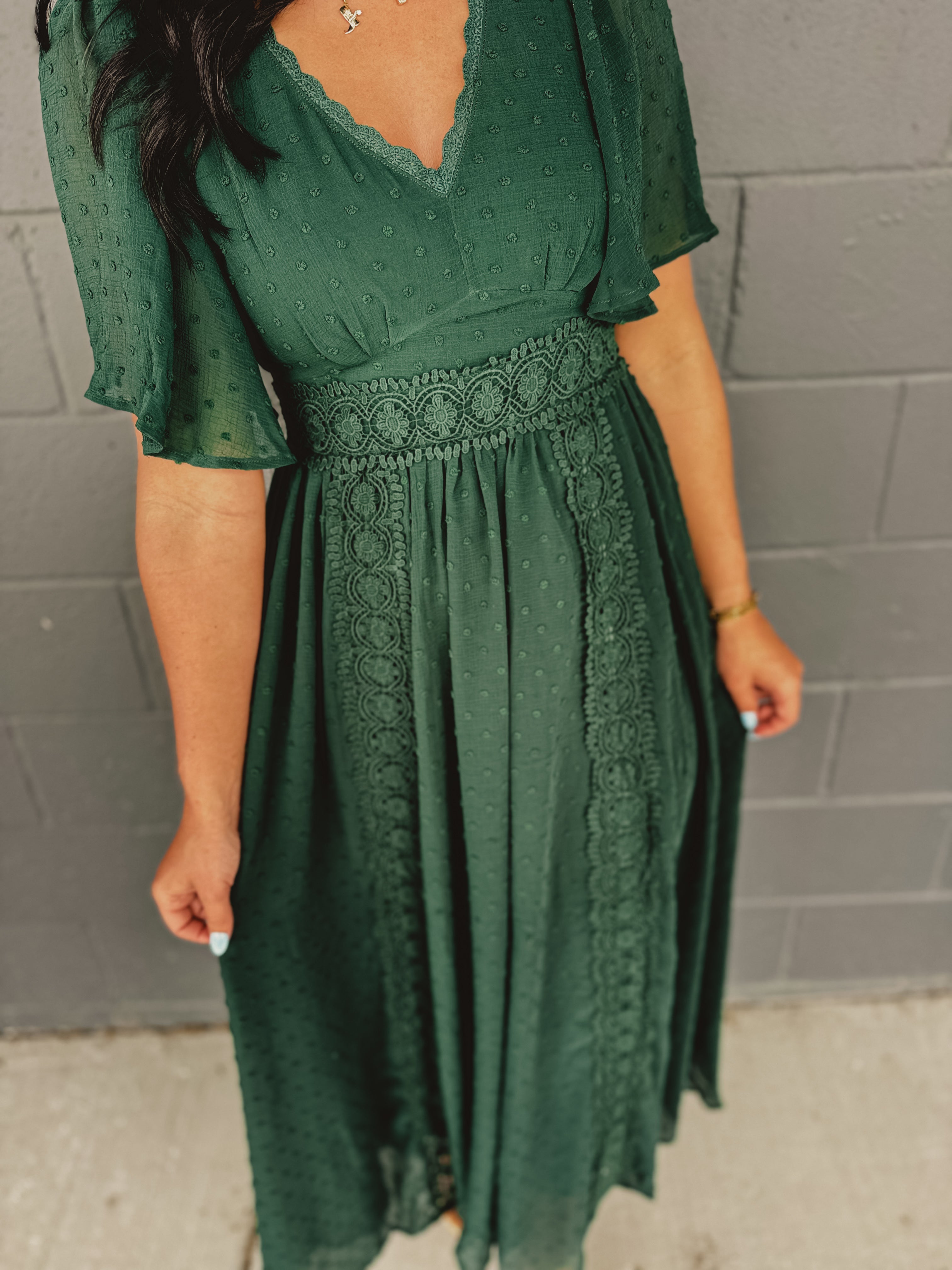 Swiss Dot Lace Maxi Dress - Evergreen