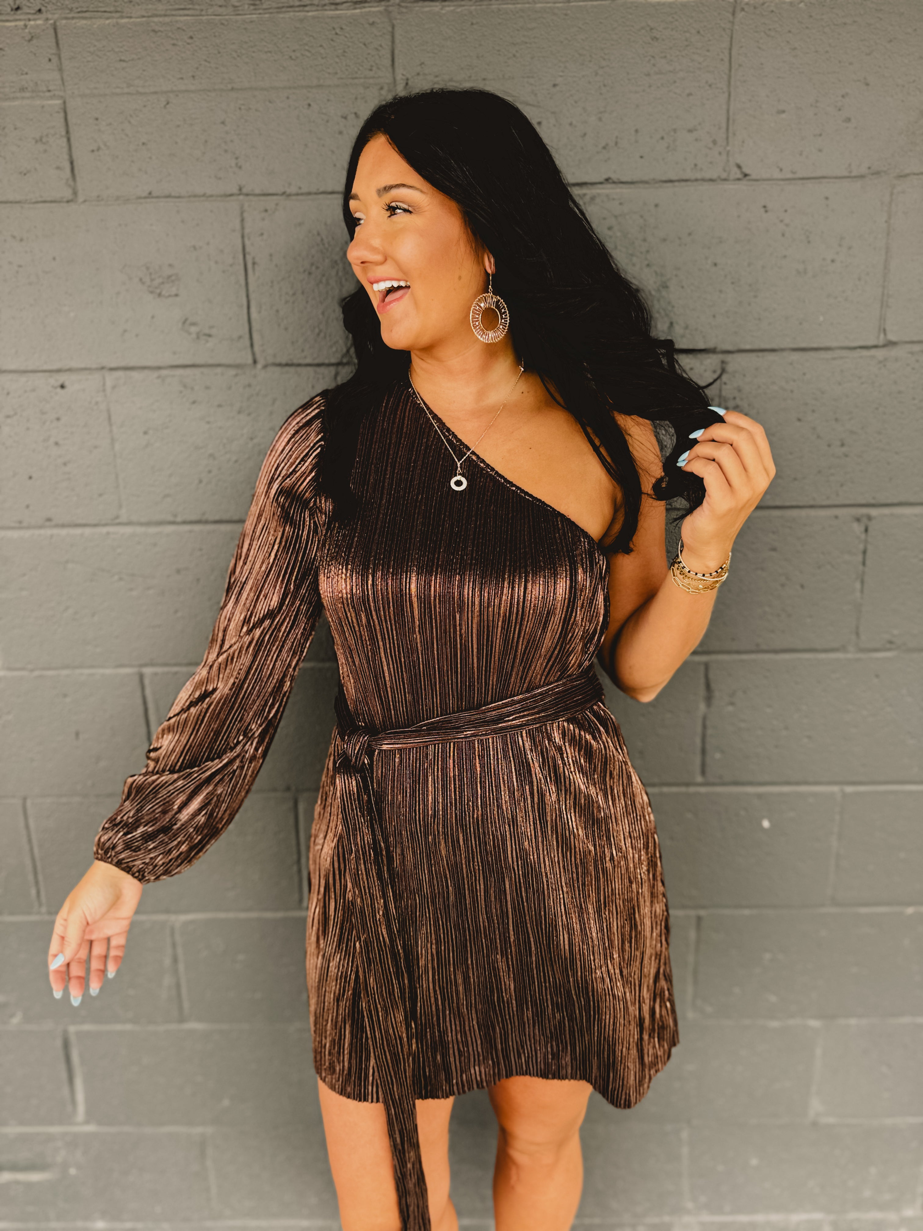 One-Shoulder Shimmer Mini Dress - Metallic Bronze