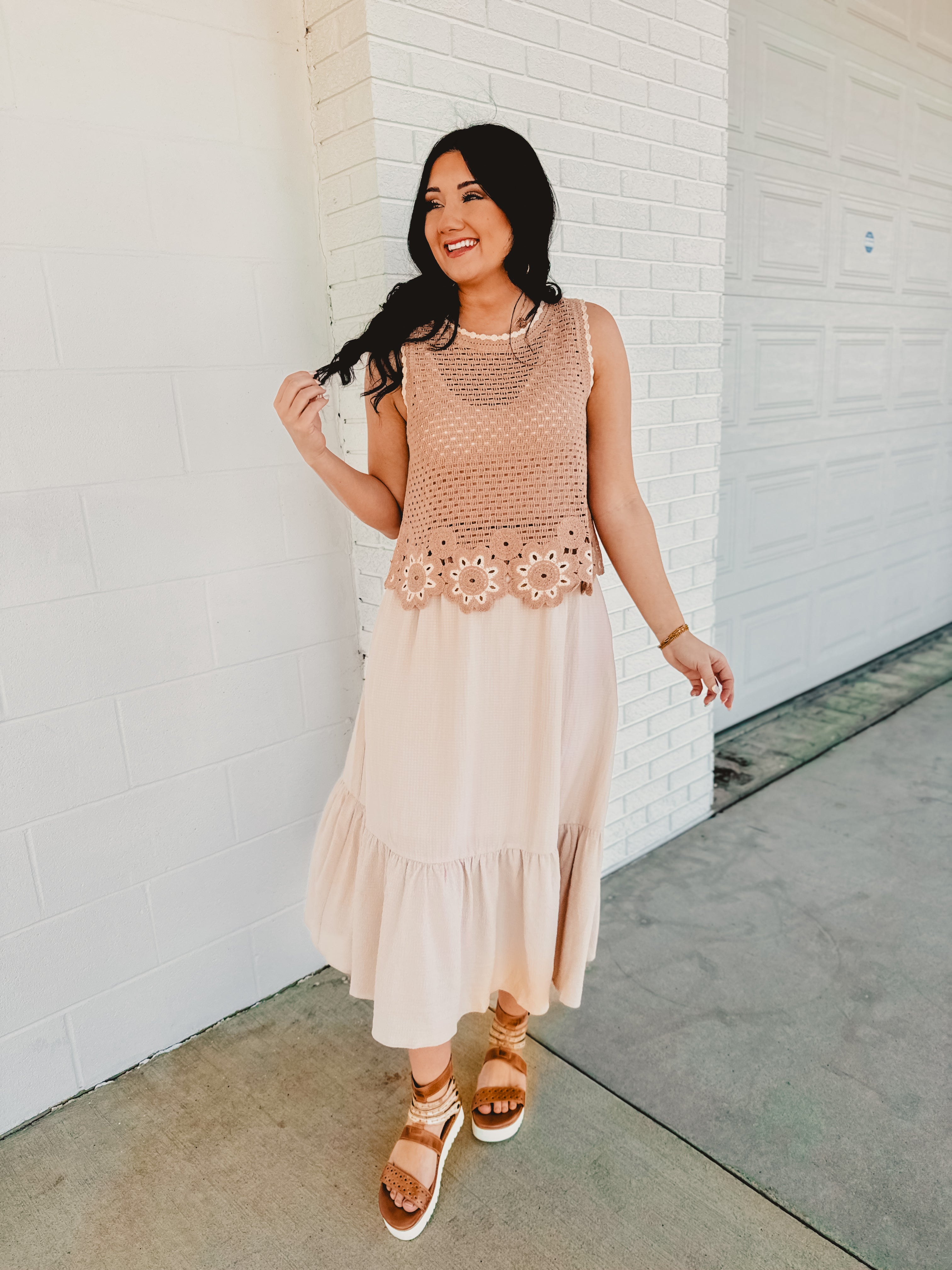 Ruffled Hem Midi Skirt - Natural