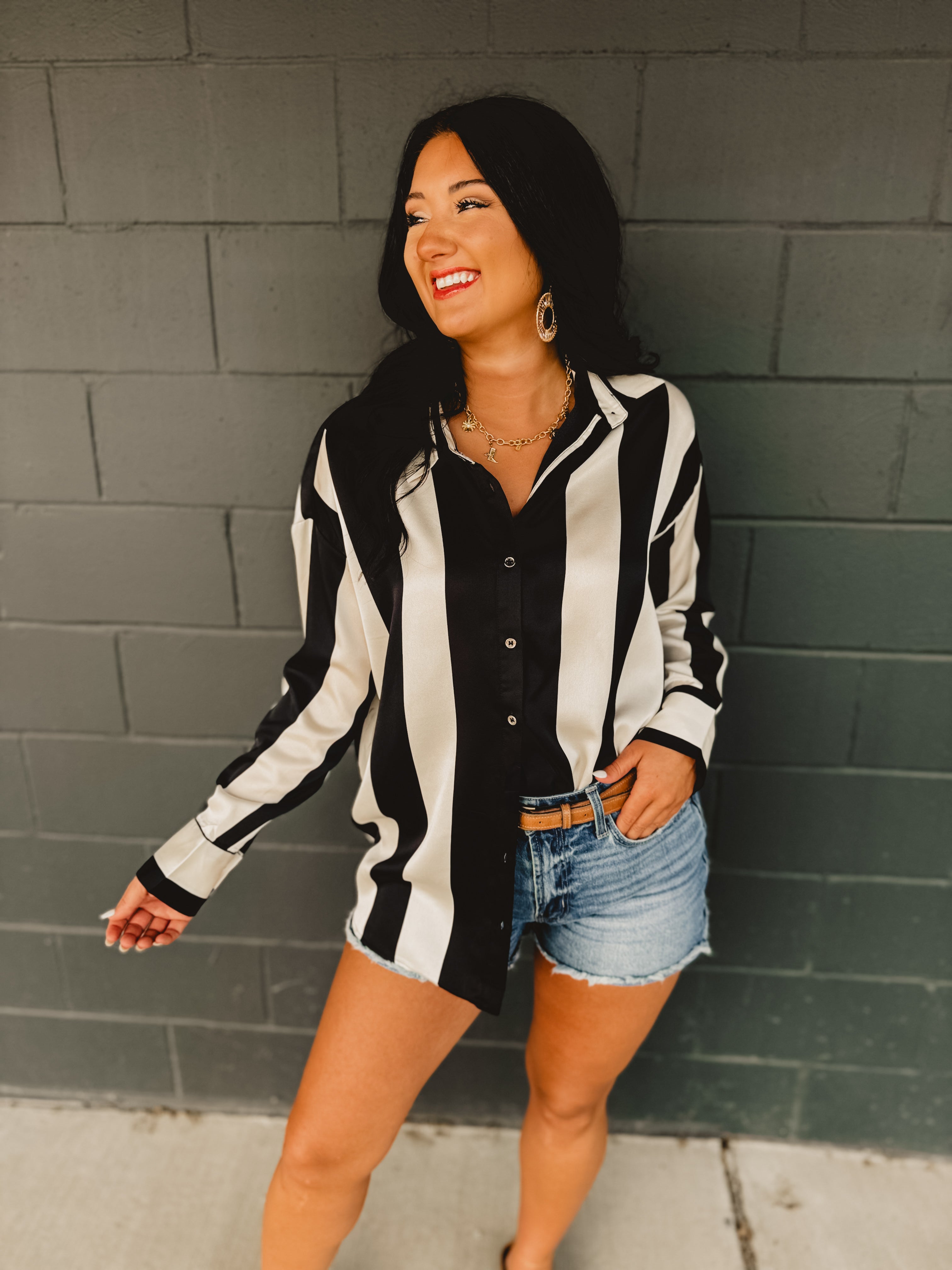 PREORDER Striped Satin Relaxed Fit Blouse - Black/Ivory