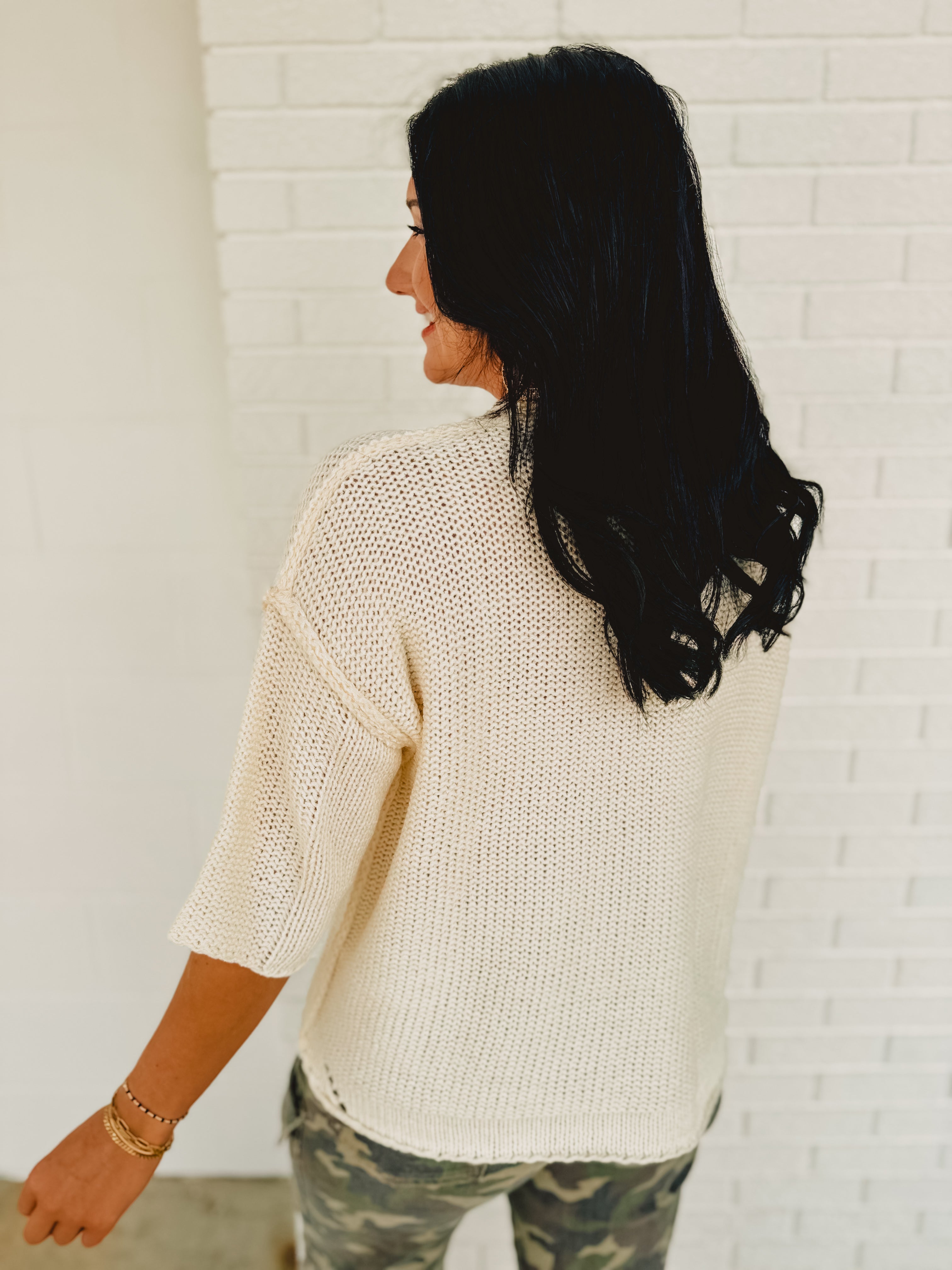 Half Sleeve Knitted Boxy Sweater - Ivory