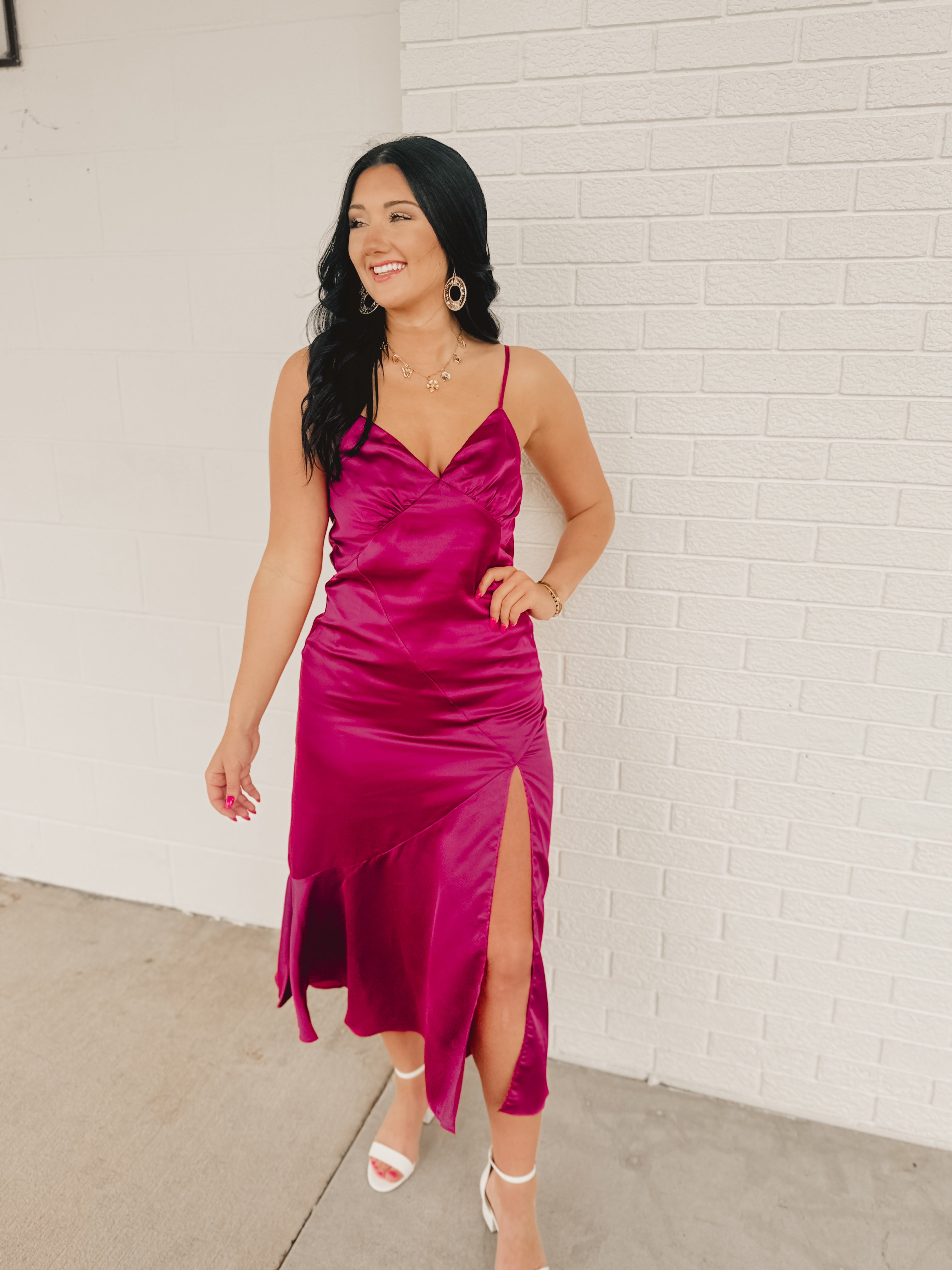 Tie-Back & Slit Midi Slip Dress - Deep Claret