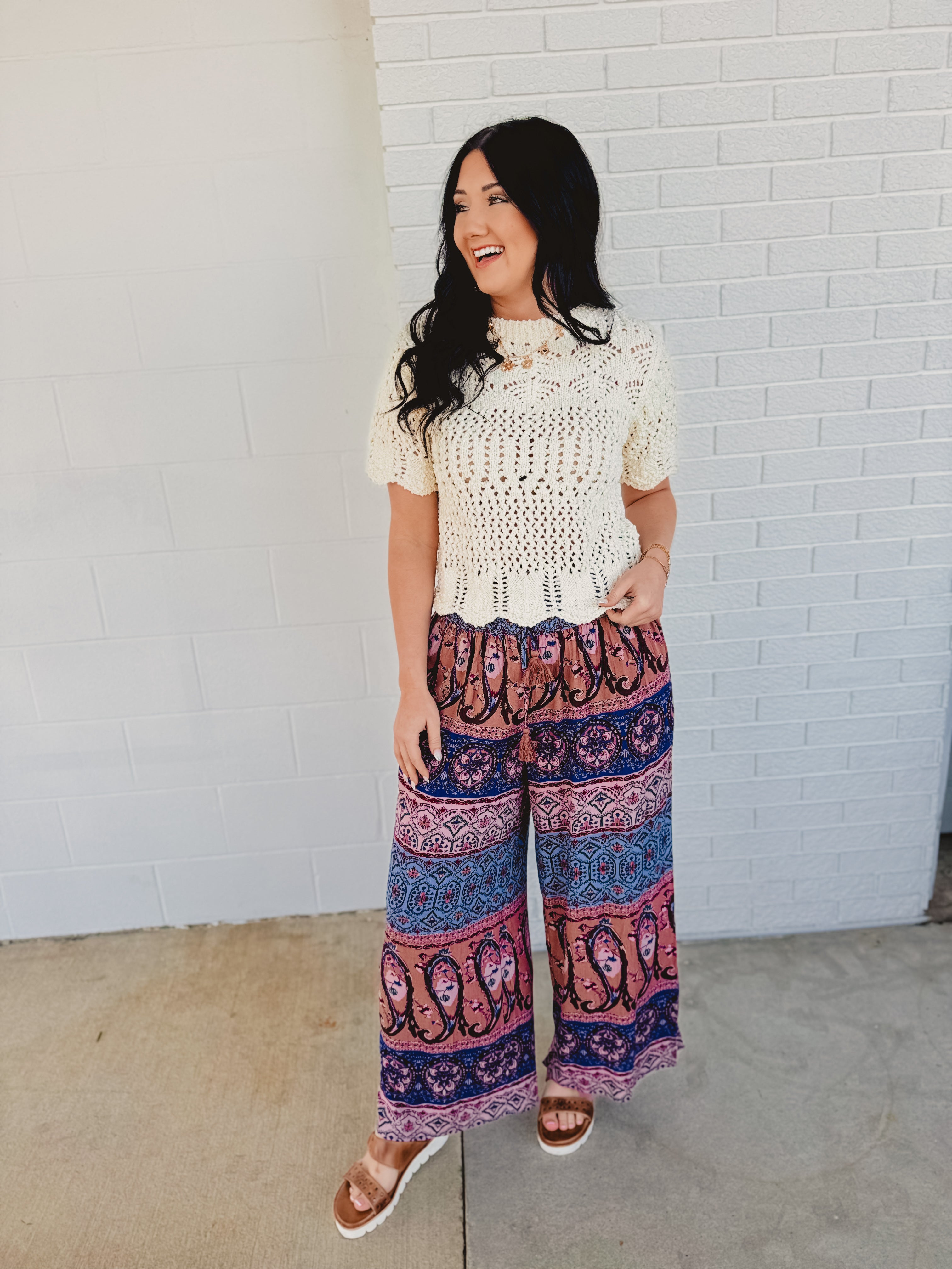 Sheer Knit Sweater Scalloped Hem Bottom - Cream