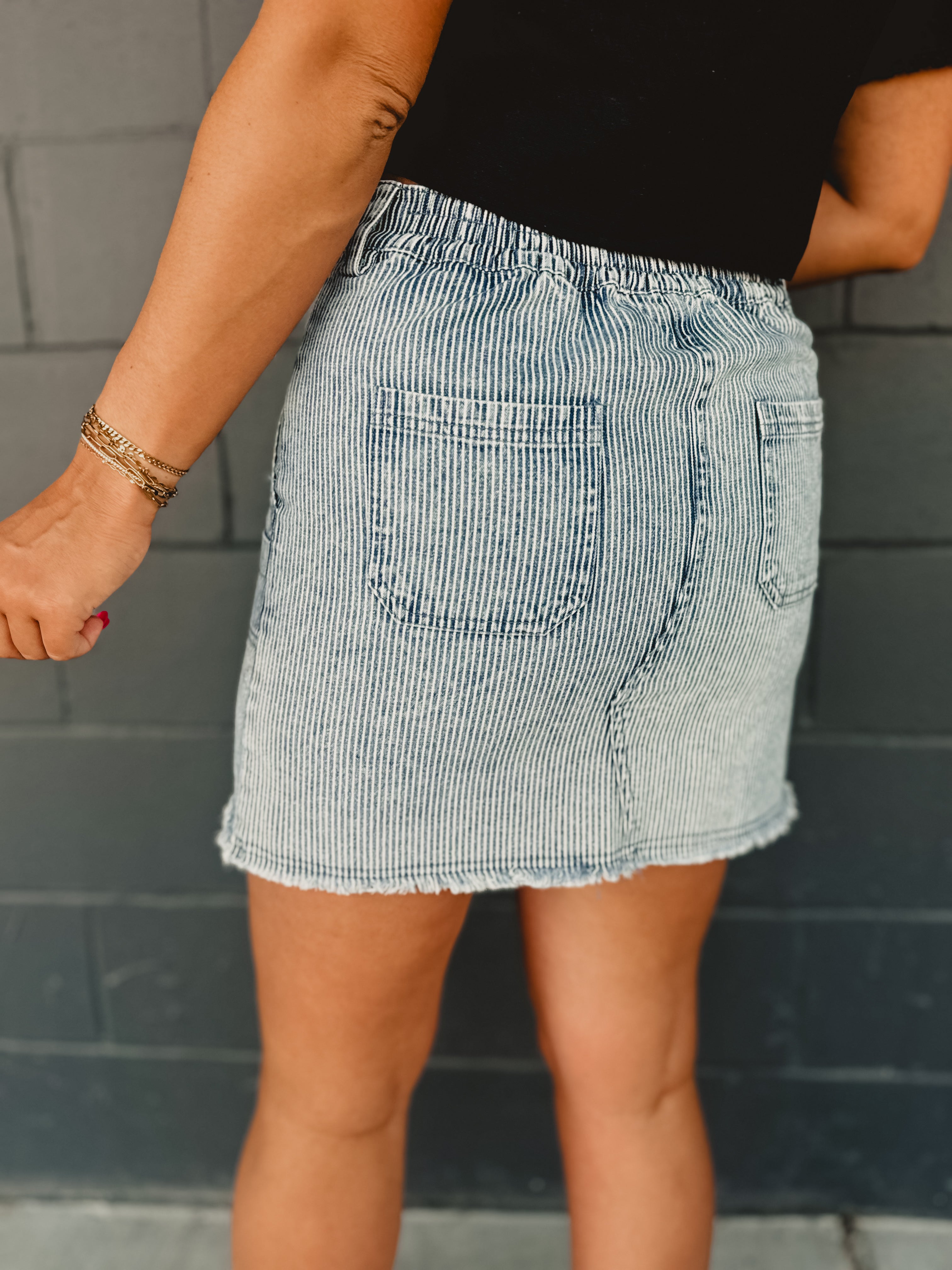 Mineral Washed Denim Striped Mini Skirt