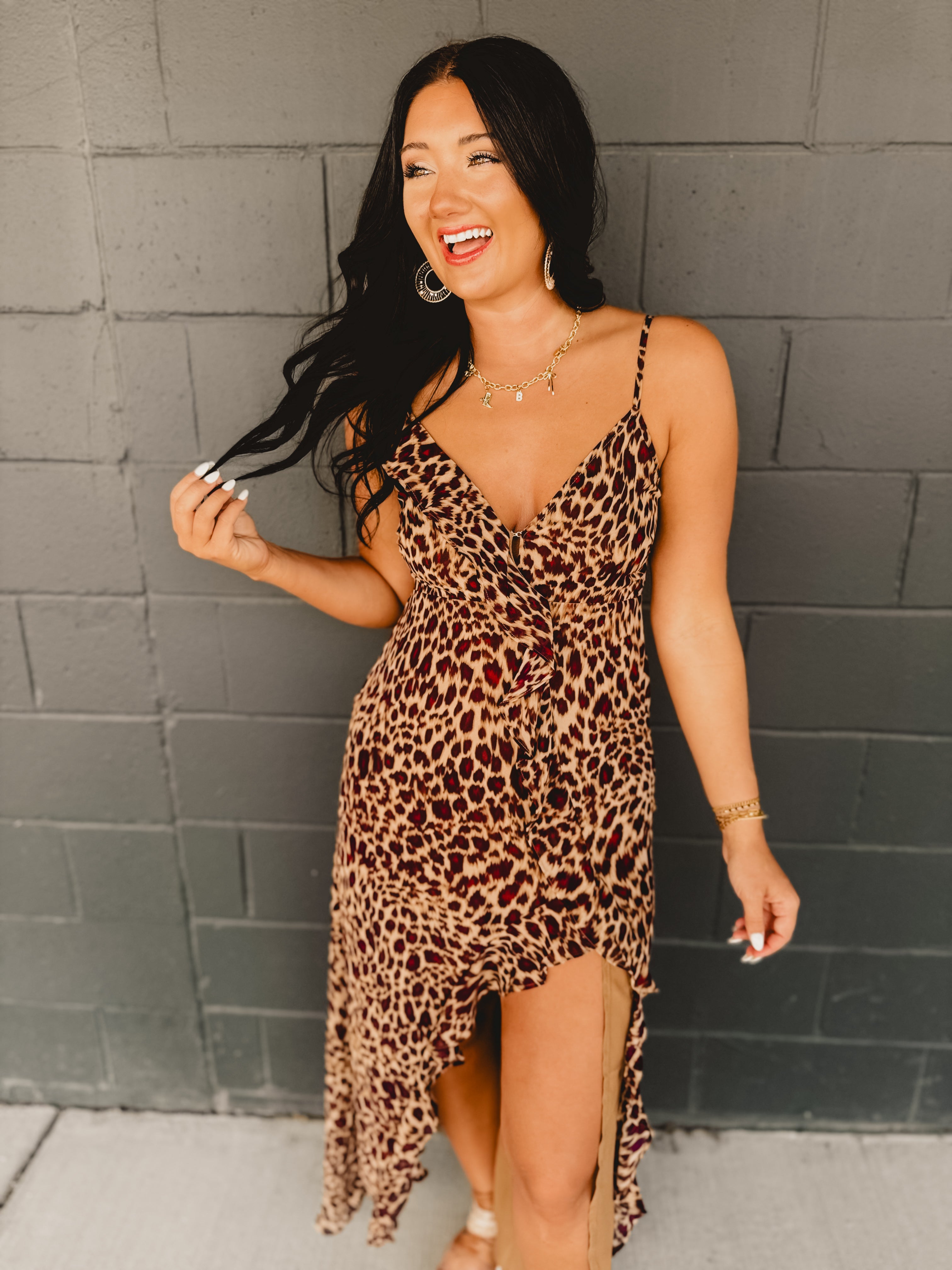 Leopard Ruffle Asymmetrical Midi Dress