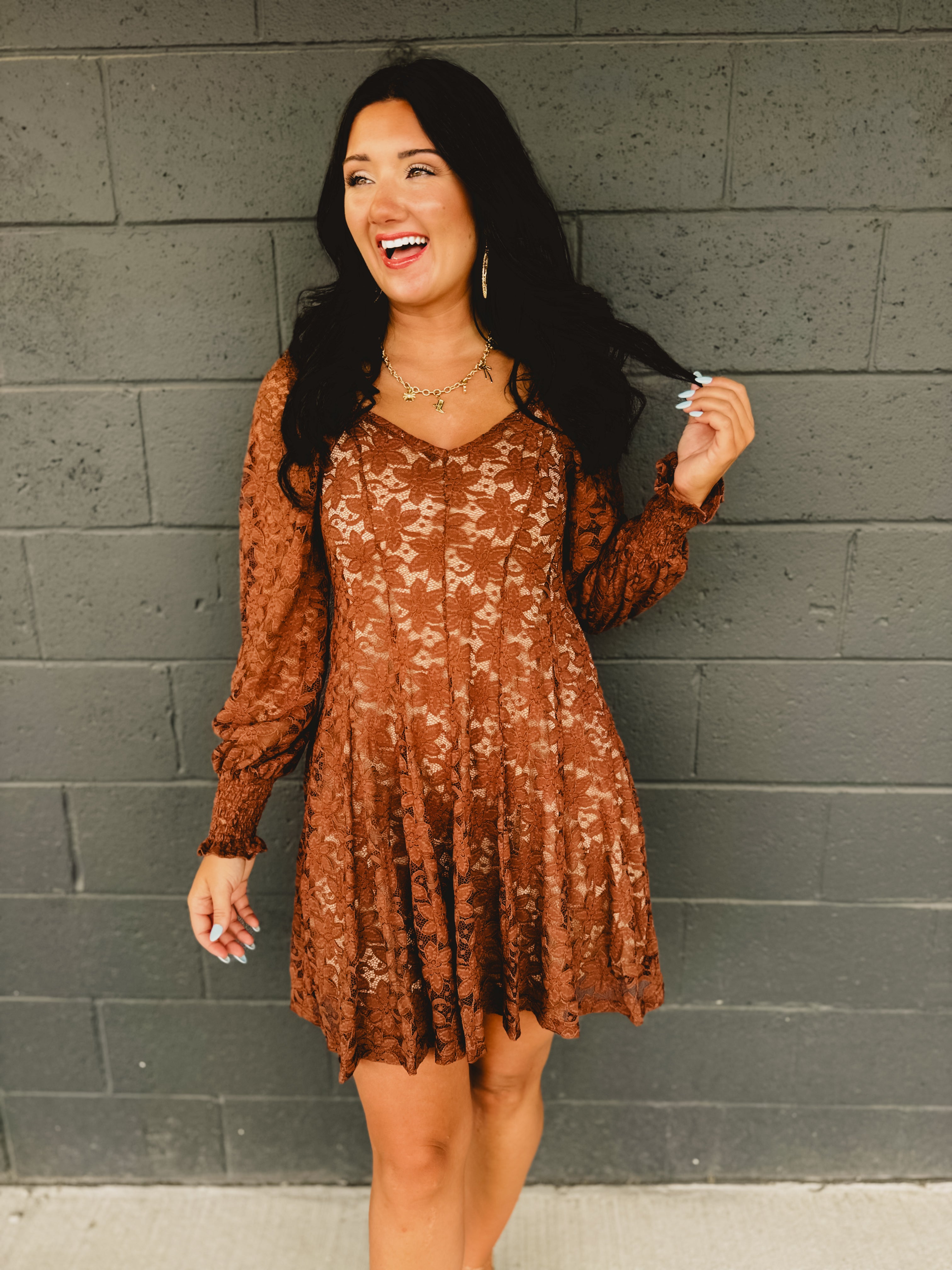 Fit and Flare Lace Mini Dress - Chocolate