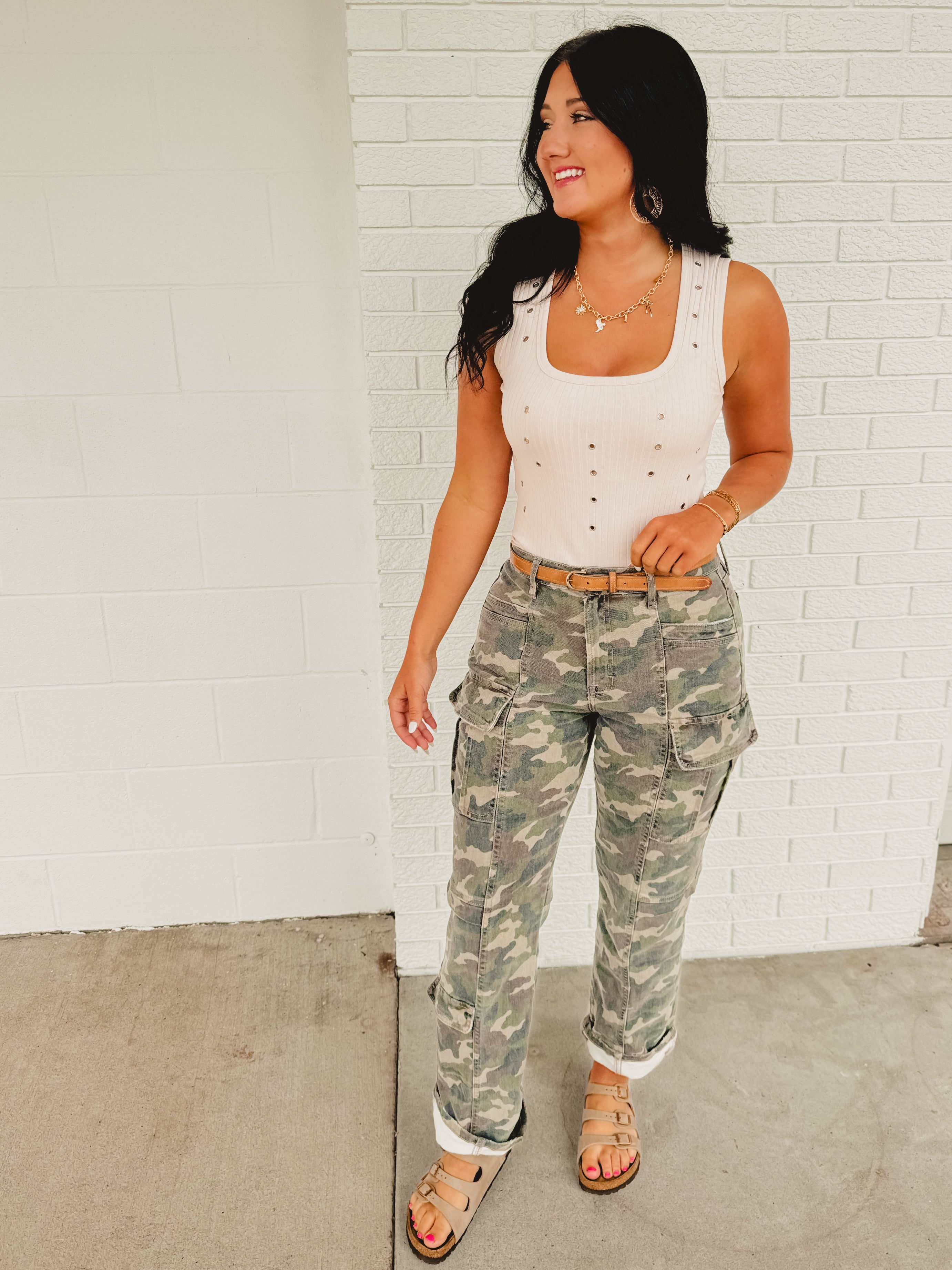 POL Stud Detail Scoop Neck Tank Top - Almond