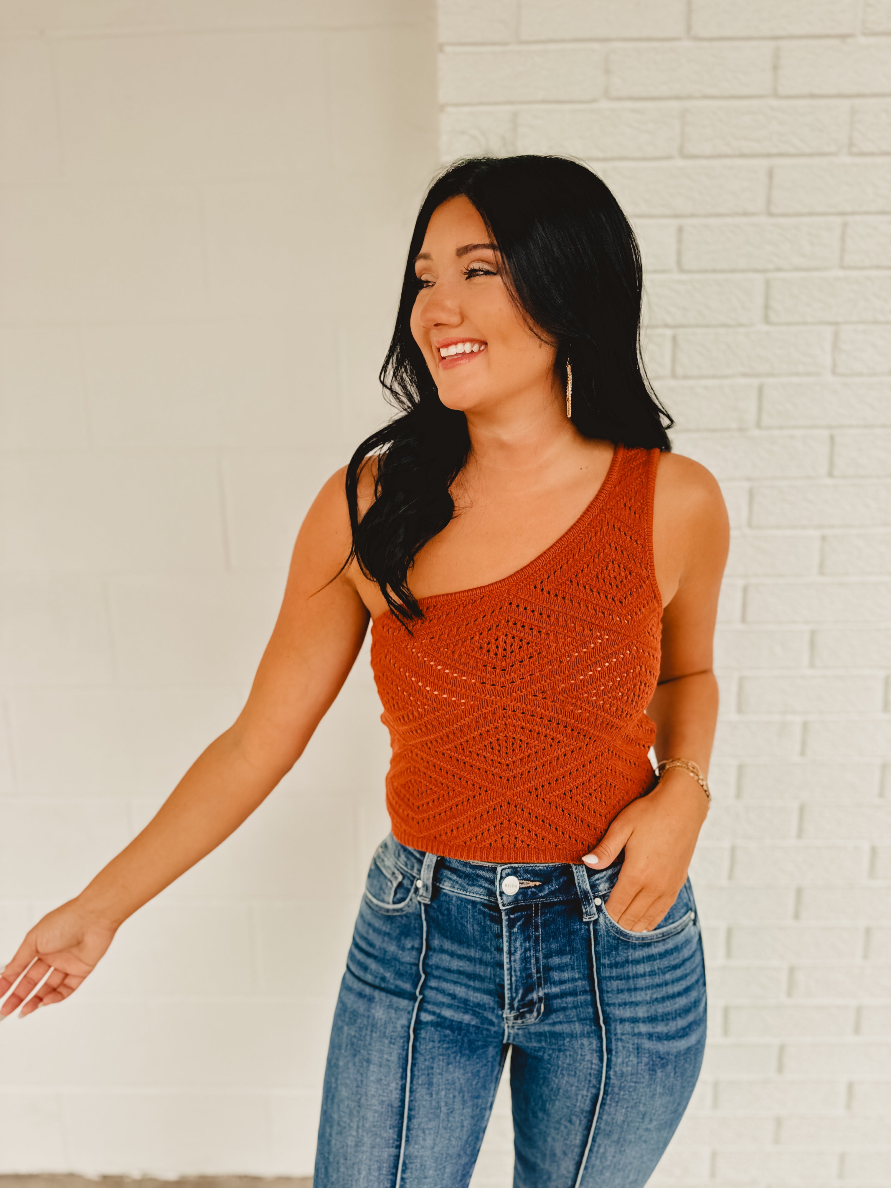 Crochet Knit One Shoulder Crop Top - Rust