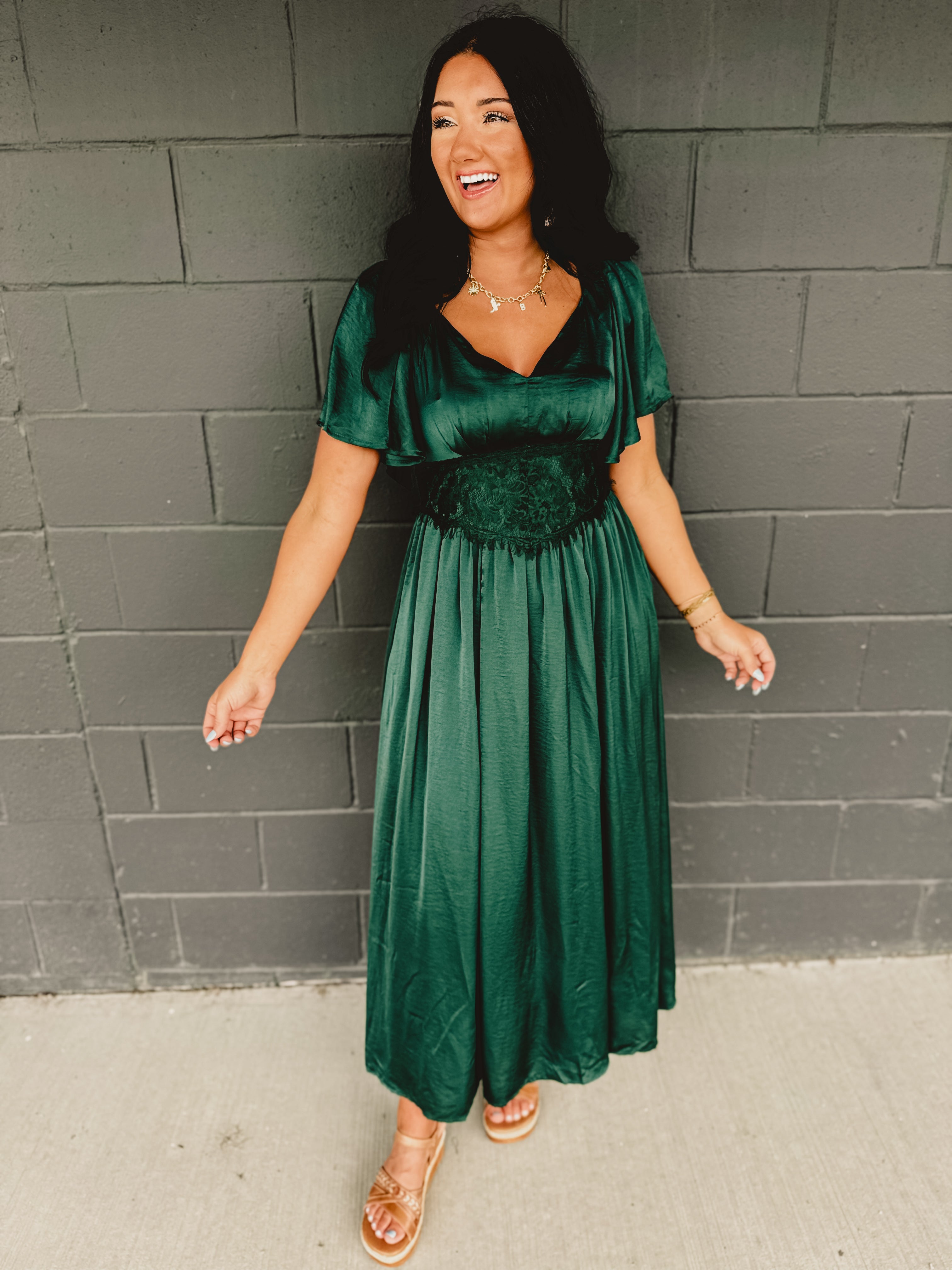 Washed Satin Lace Maxi Dress - Emerald