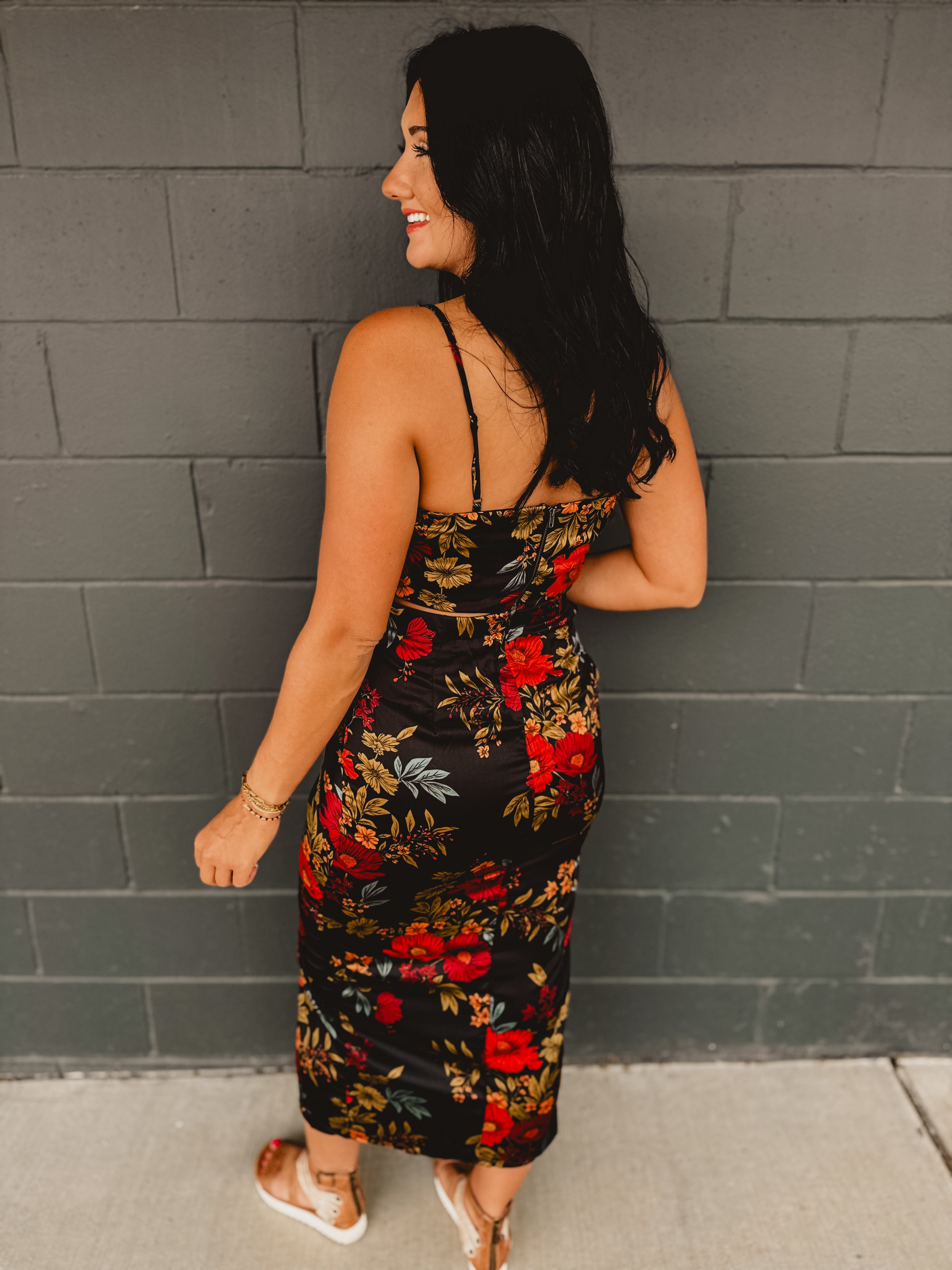 Midnight Floral Satin Two Piece Set - Black