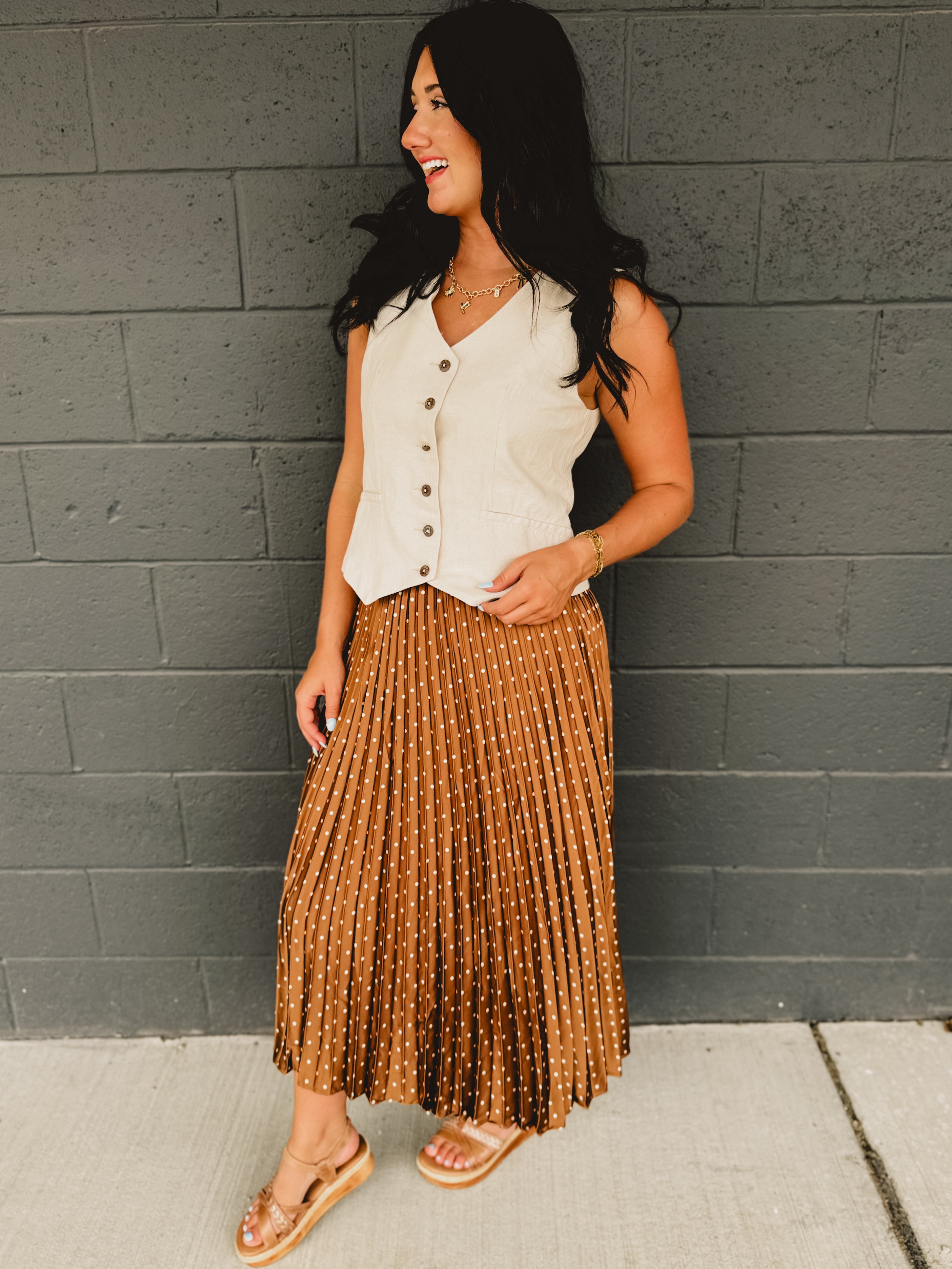 Polka Dot Pleated Skirt - Mocha Mousse