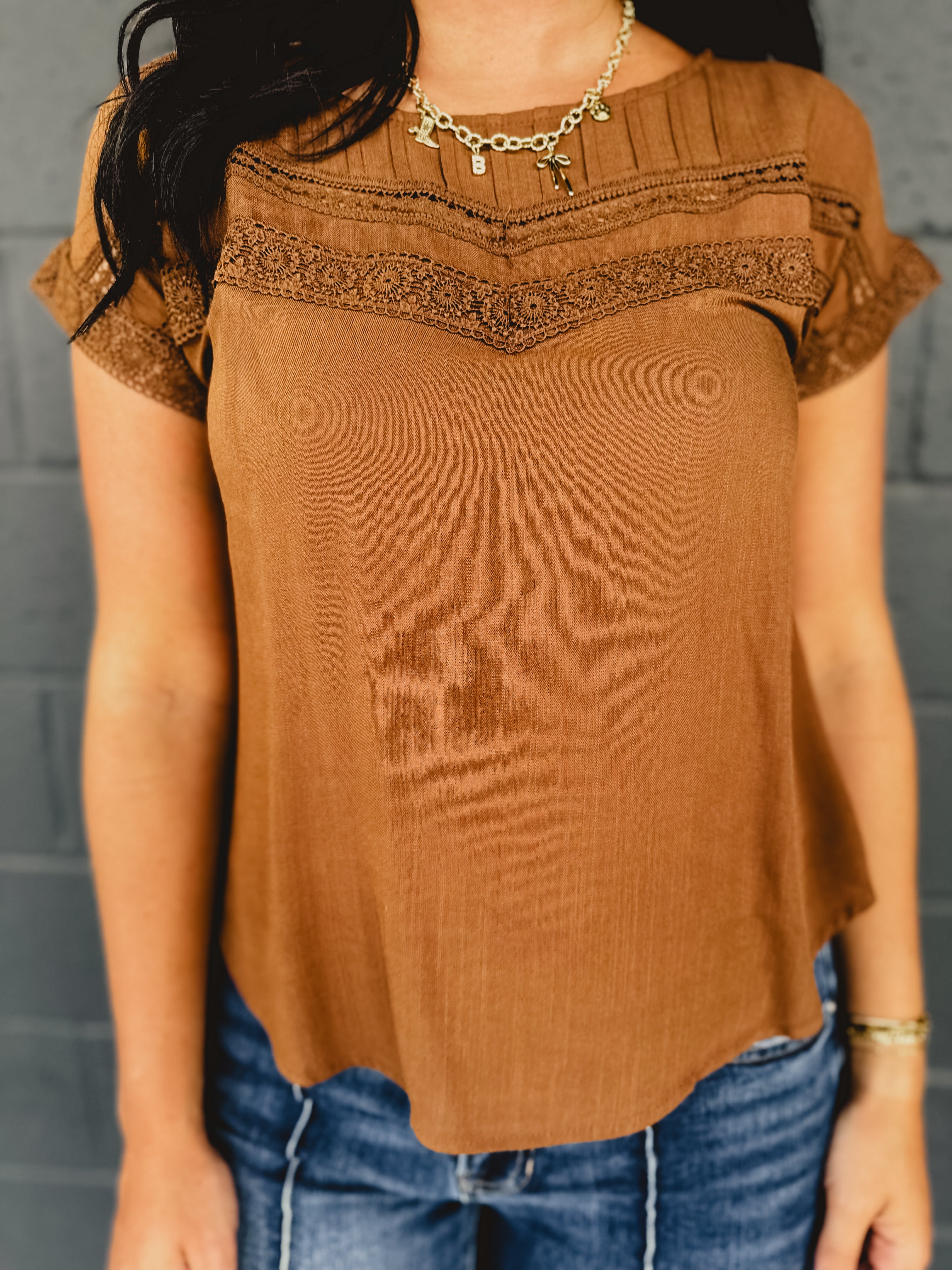 Lace Detail Pleated Top - Brown