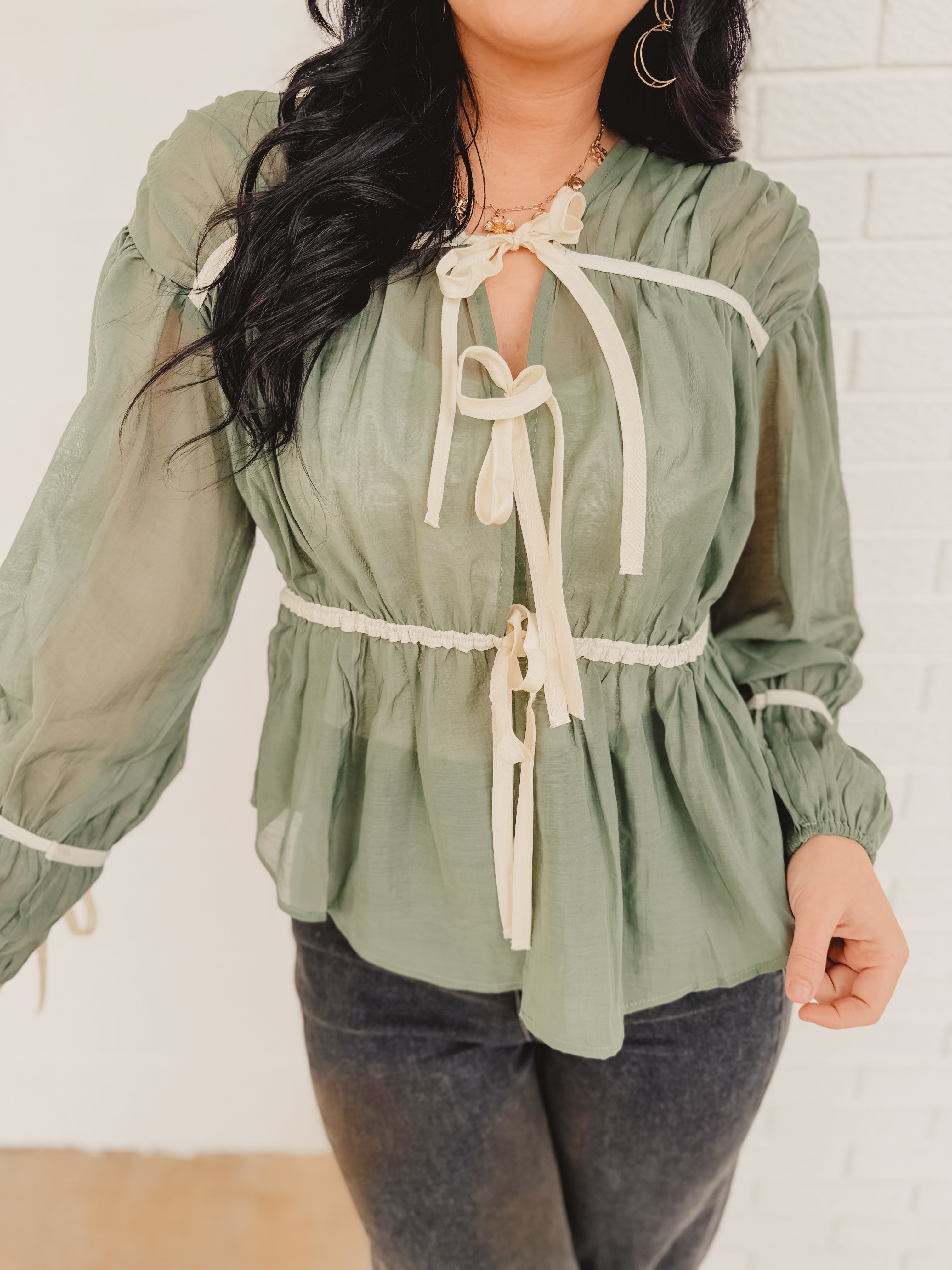 Tie Front Contrast Long Sleeve Top - Emerald