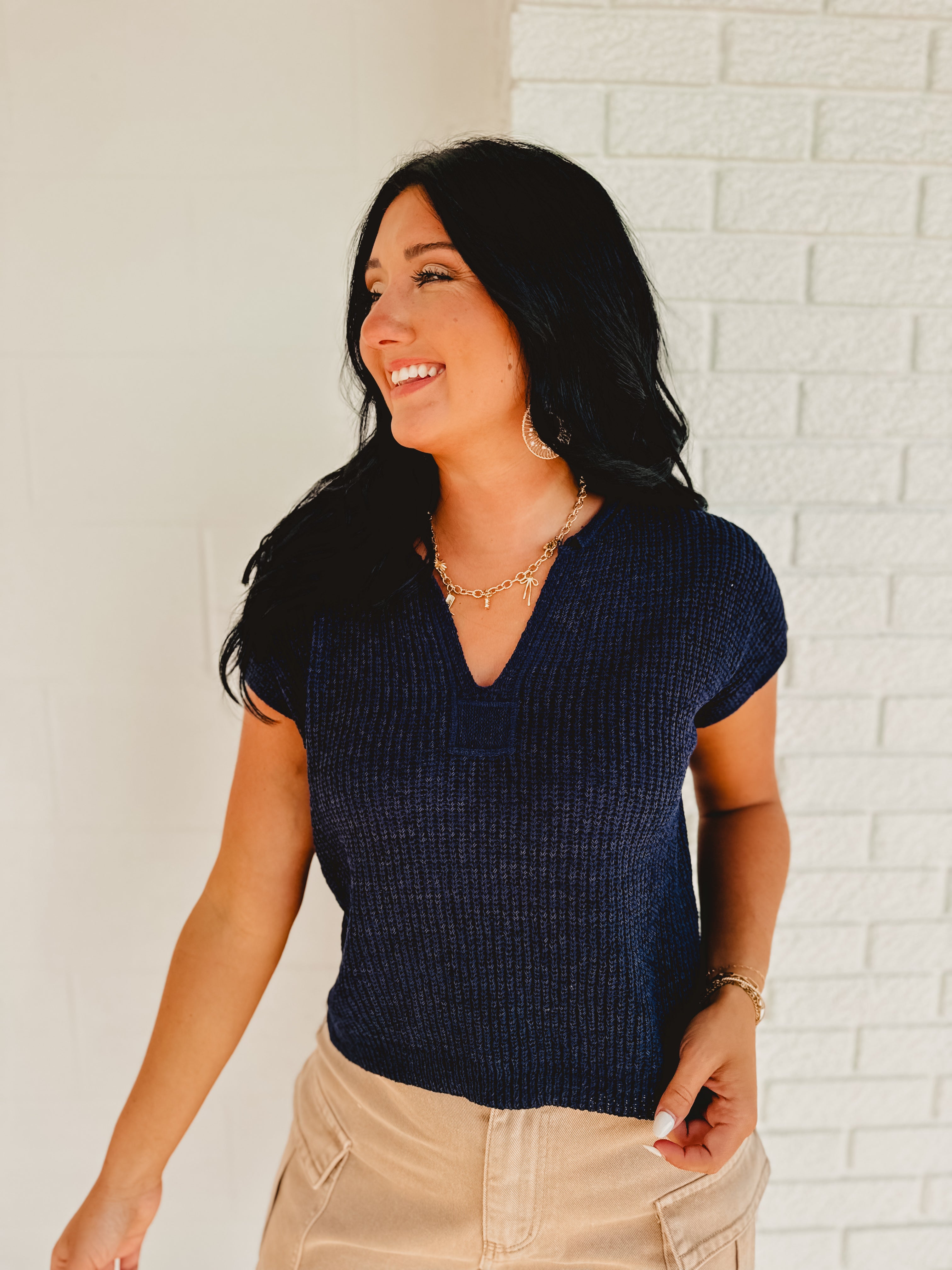 Split Neck Short Sleeve Knit Pullover - Navy
