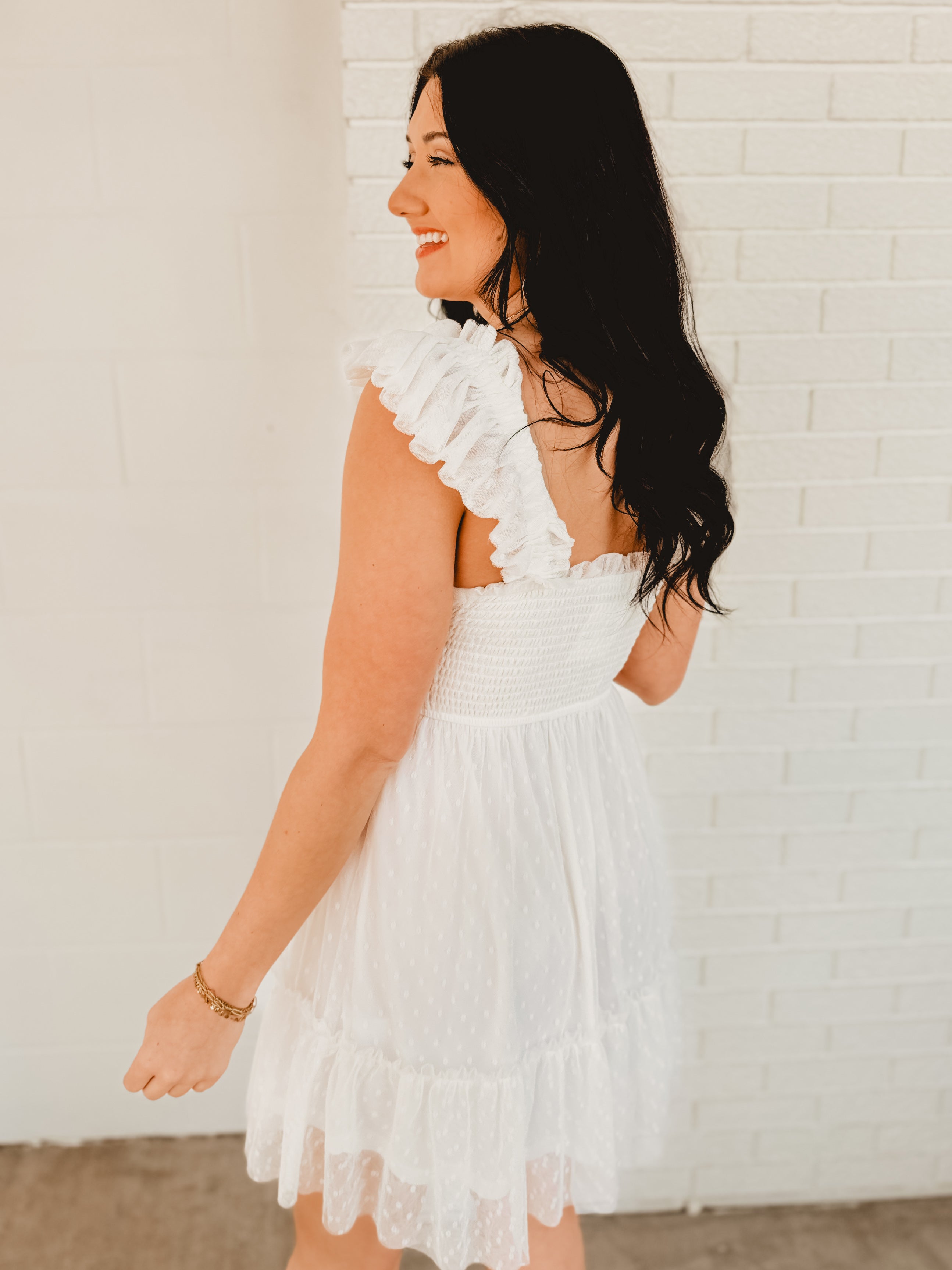 Polka Dot Chiffon Smocked Mini Dress - White