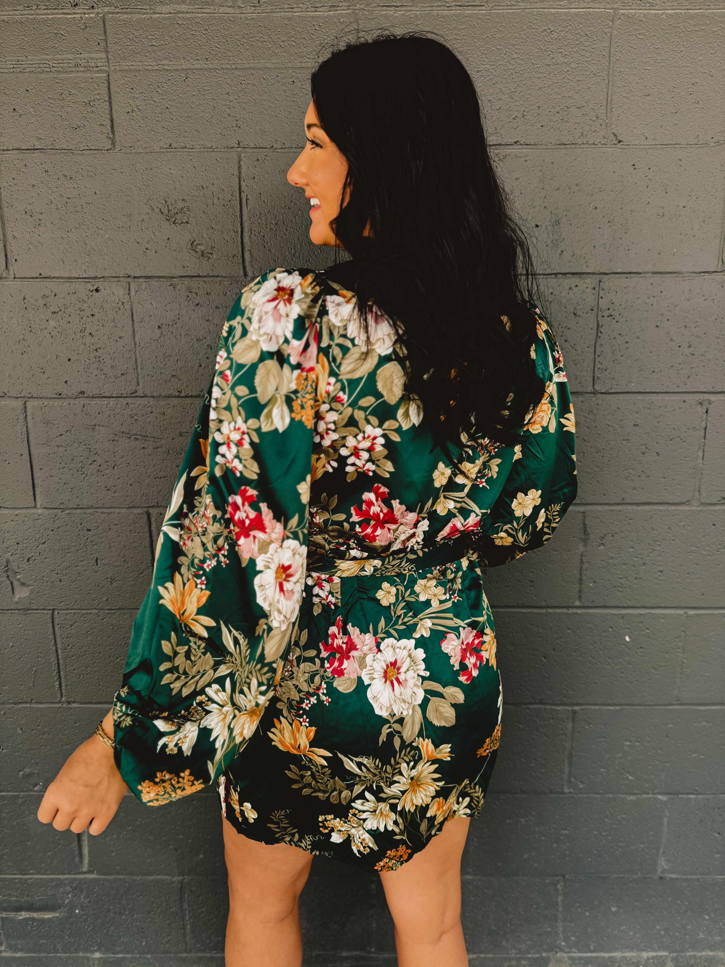Floral Satin Wrap Dress - Emerald
