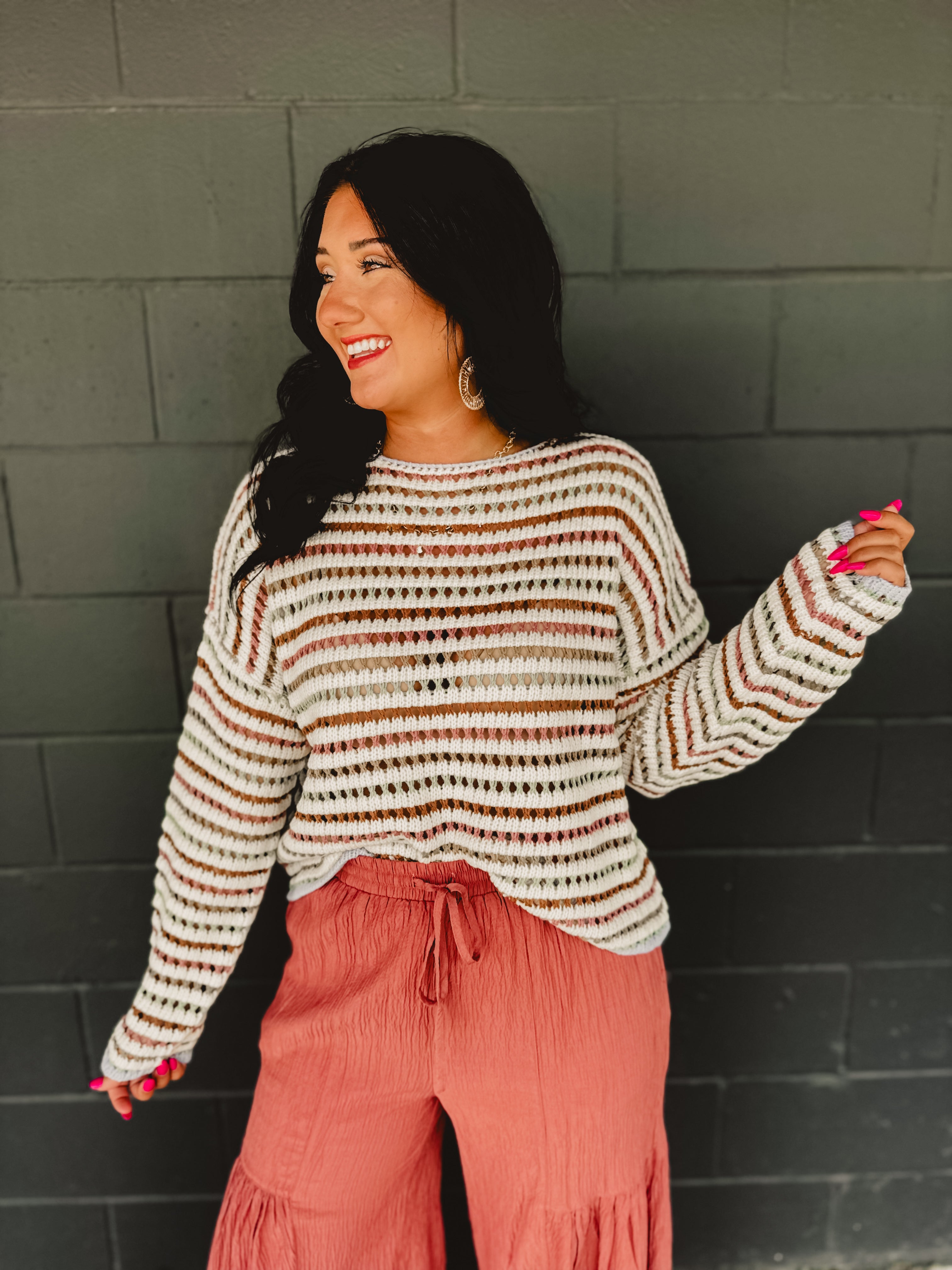 Striped Crochet Drop Shoulder Sweater - Multi