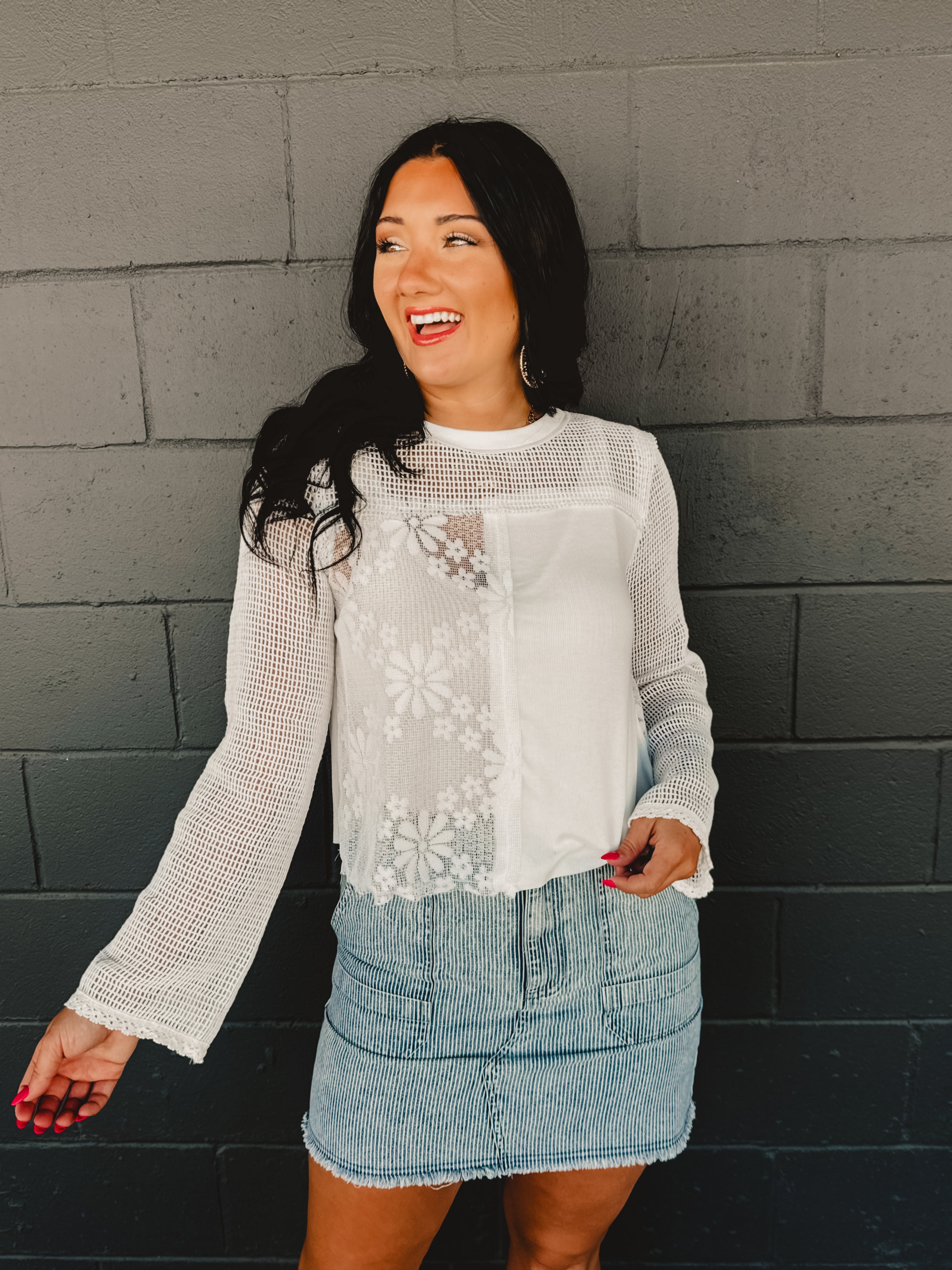 POL Crochet Contrast Long Sleeve Top - Off White