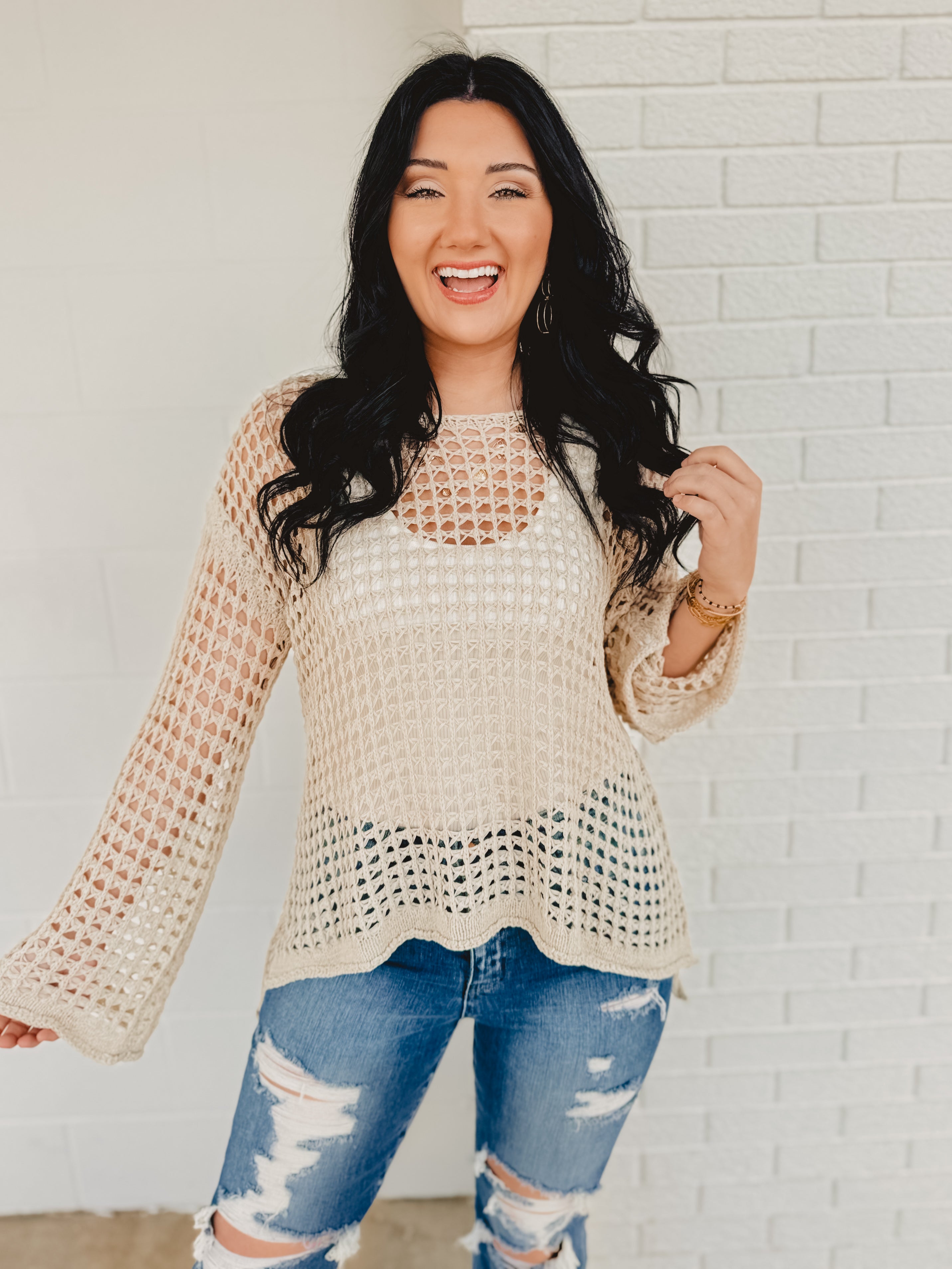 POL Dropped Shoulder Open Knit Boat Neck Sweater Top - Natural