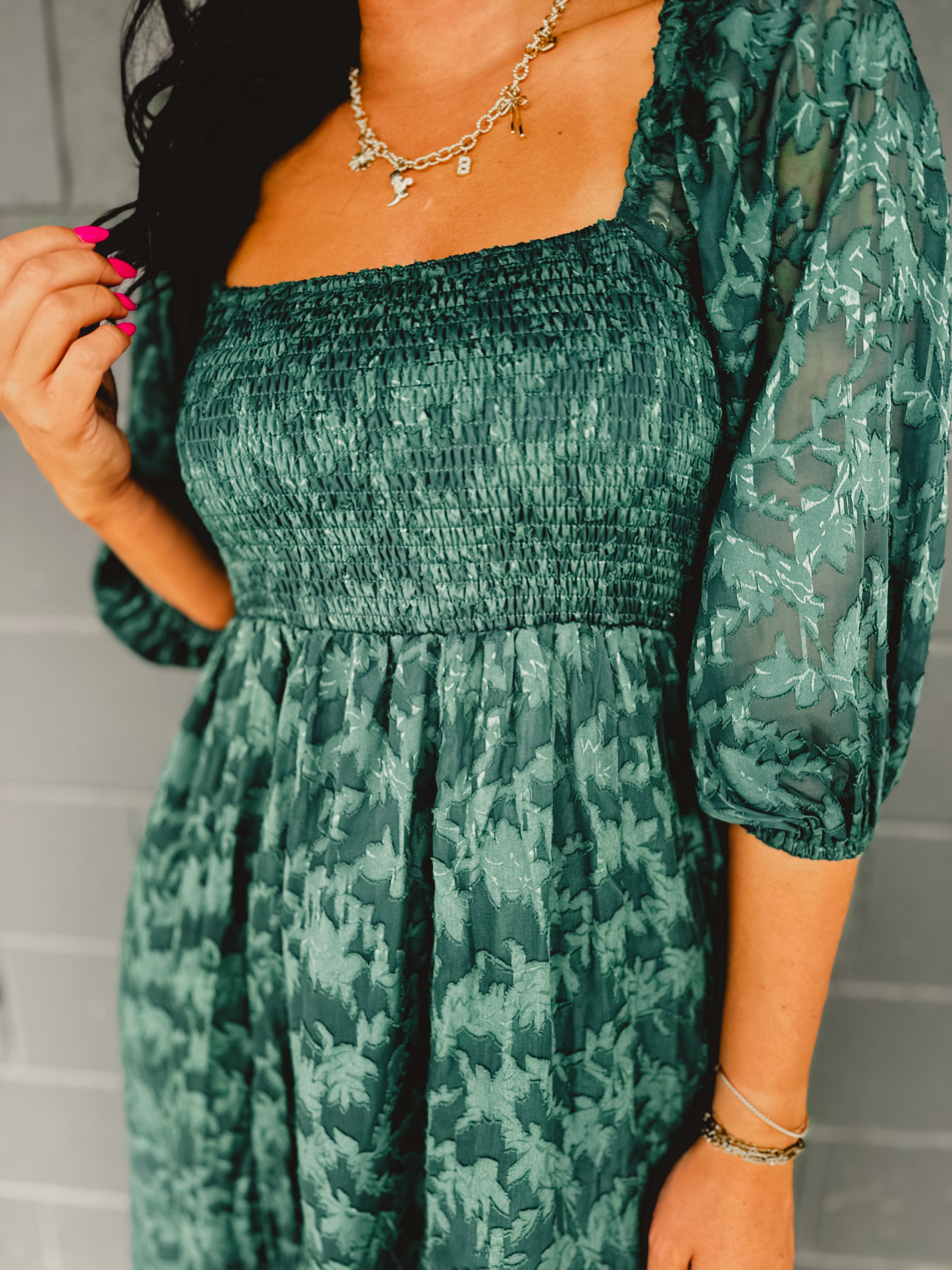 PREORDER: Jacquard Smocked Ruffled Hem Maxi Dress - Hunter Green