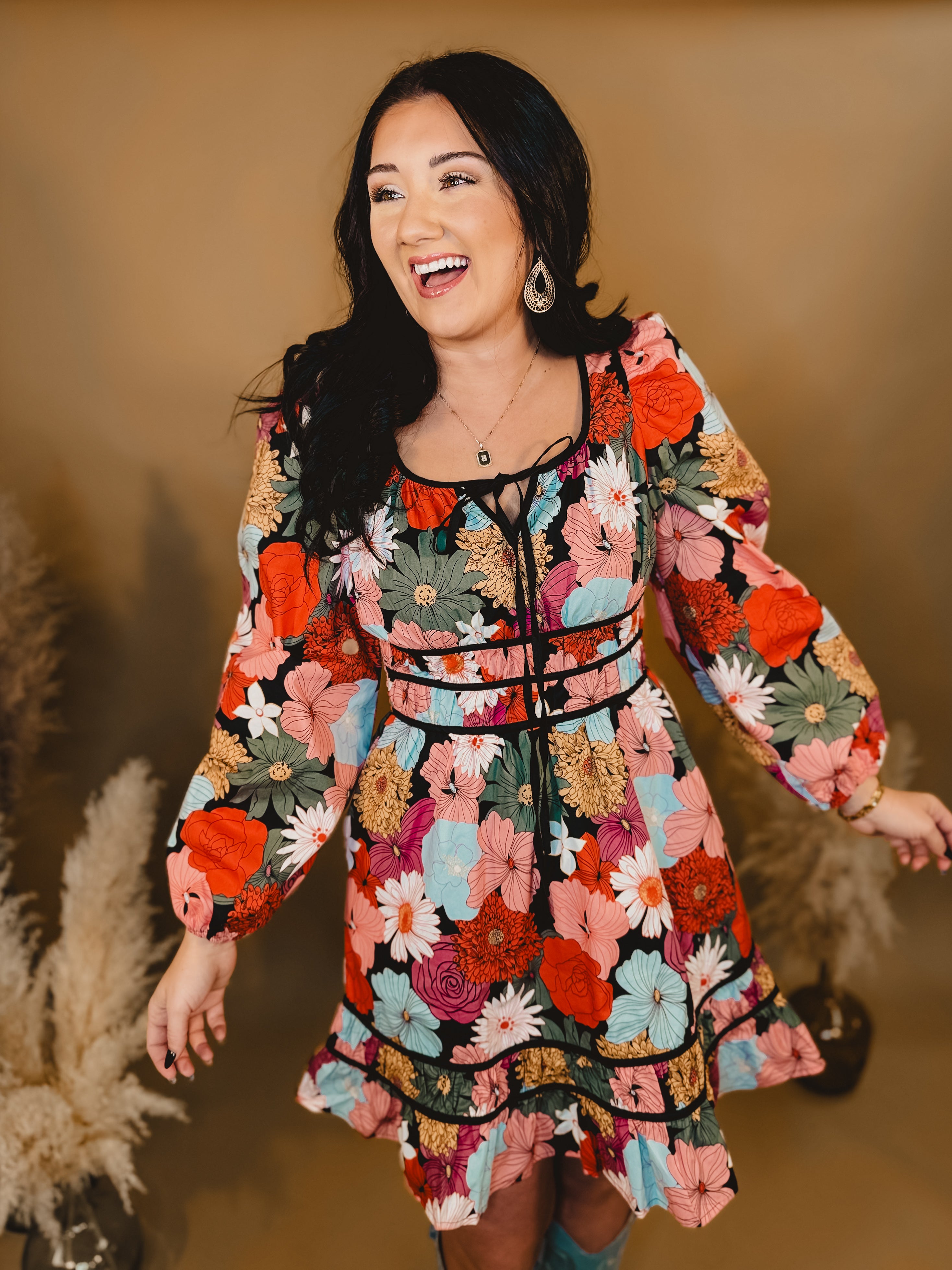 Floral Front Tie Detail Long Sleeve Dress - Black