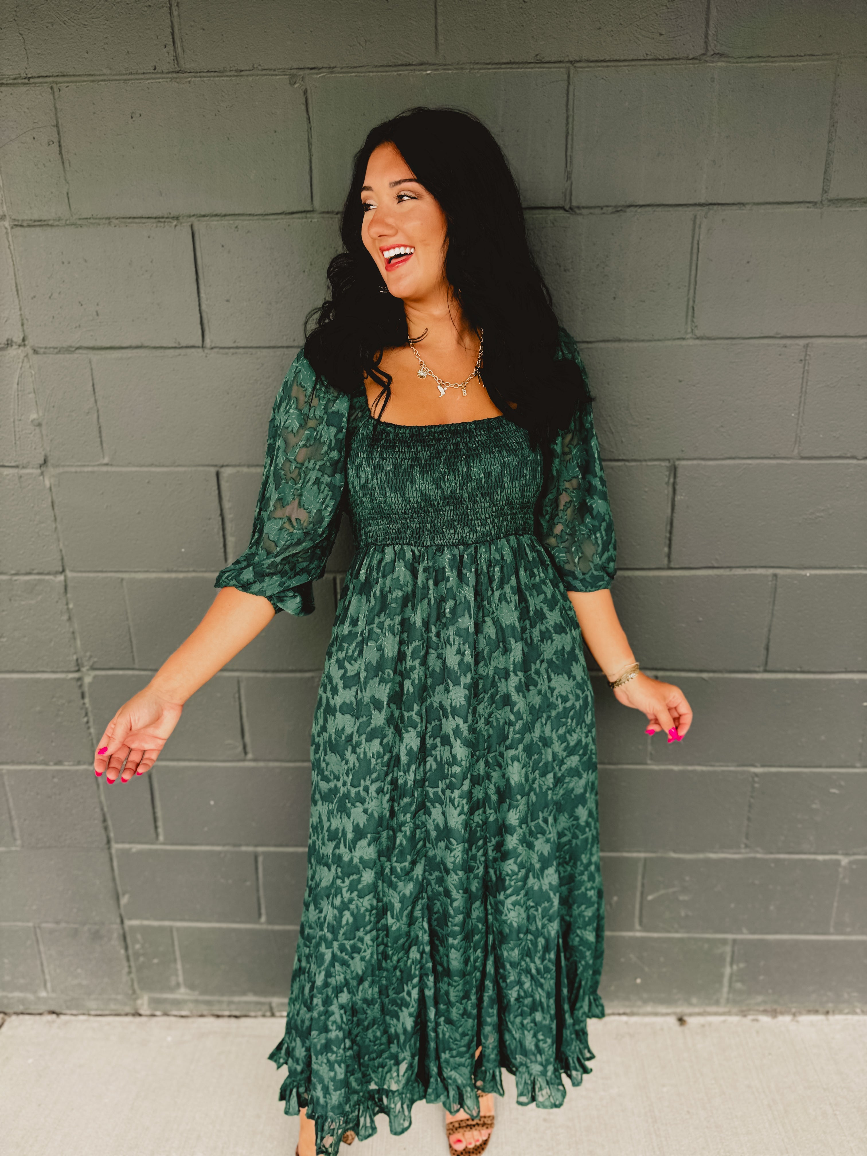 PREORDER: Jacquard Smocked Ruffled Hem Maxi Dress - Hunter Green