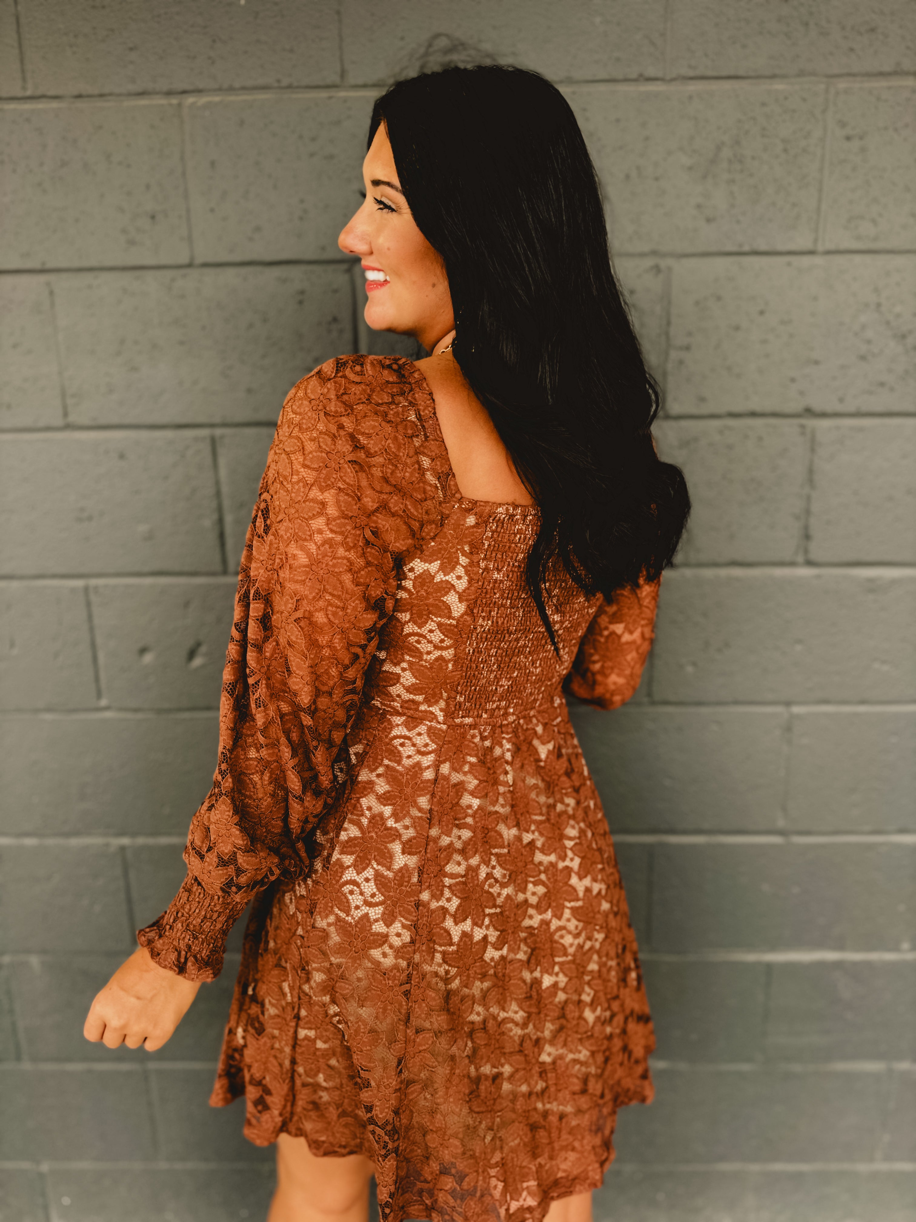 Fit and Flare Lace Mini Dress - Chocolate