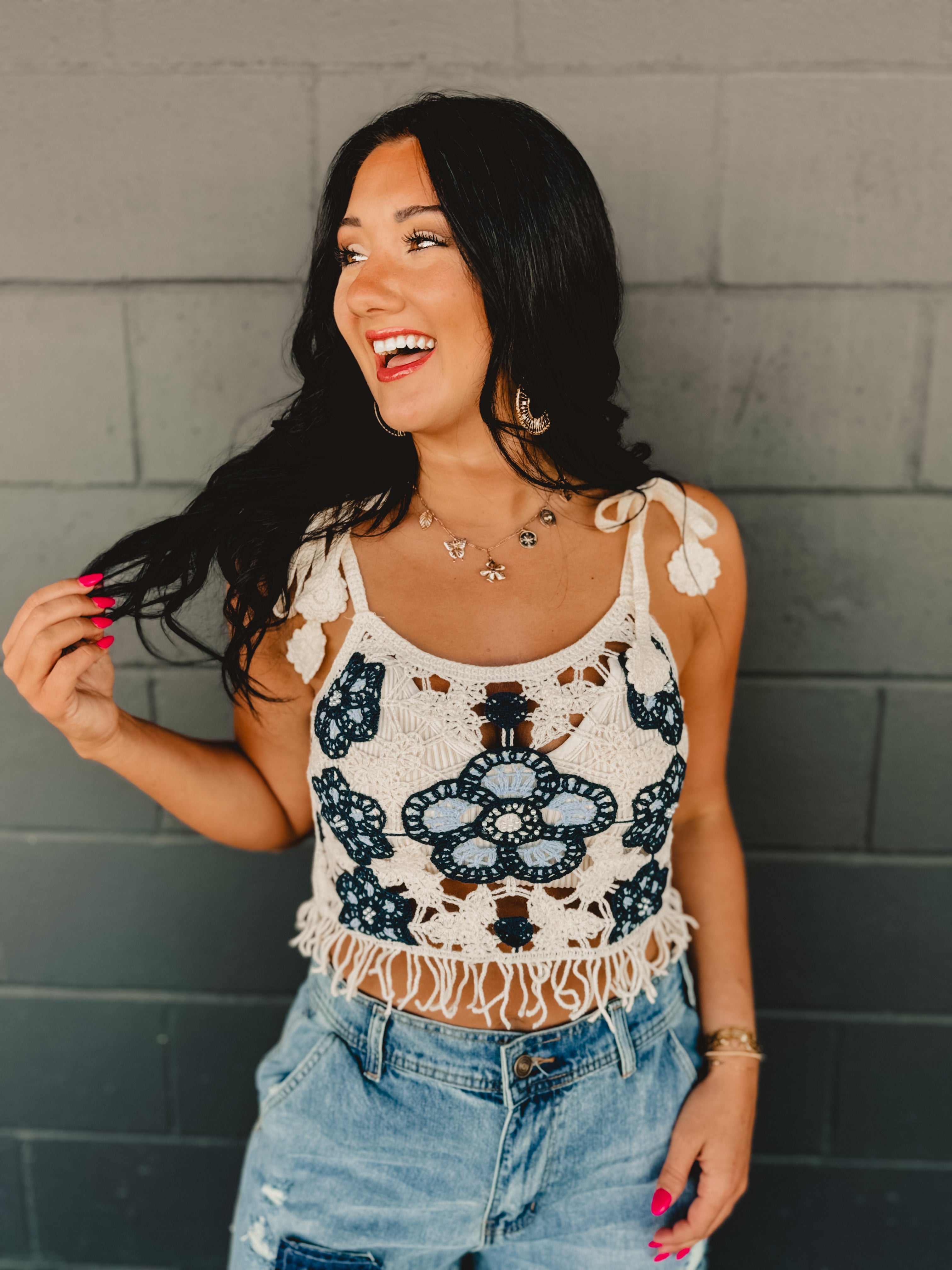 POL Crochet Weave Knit Tank - Blue/Cream