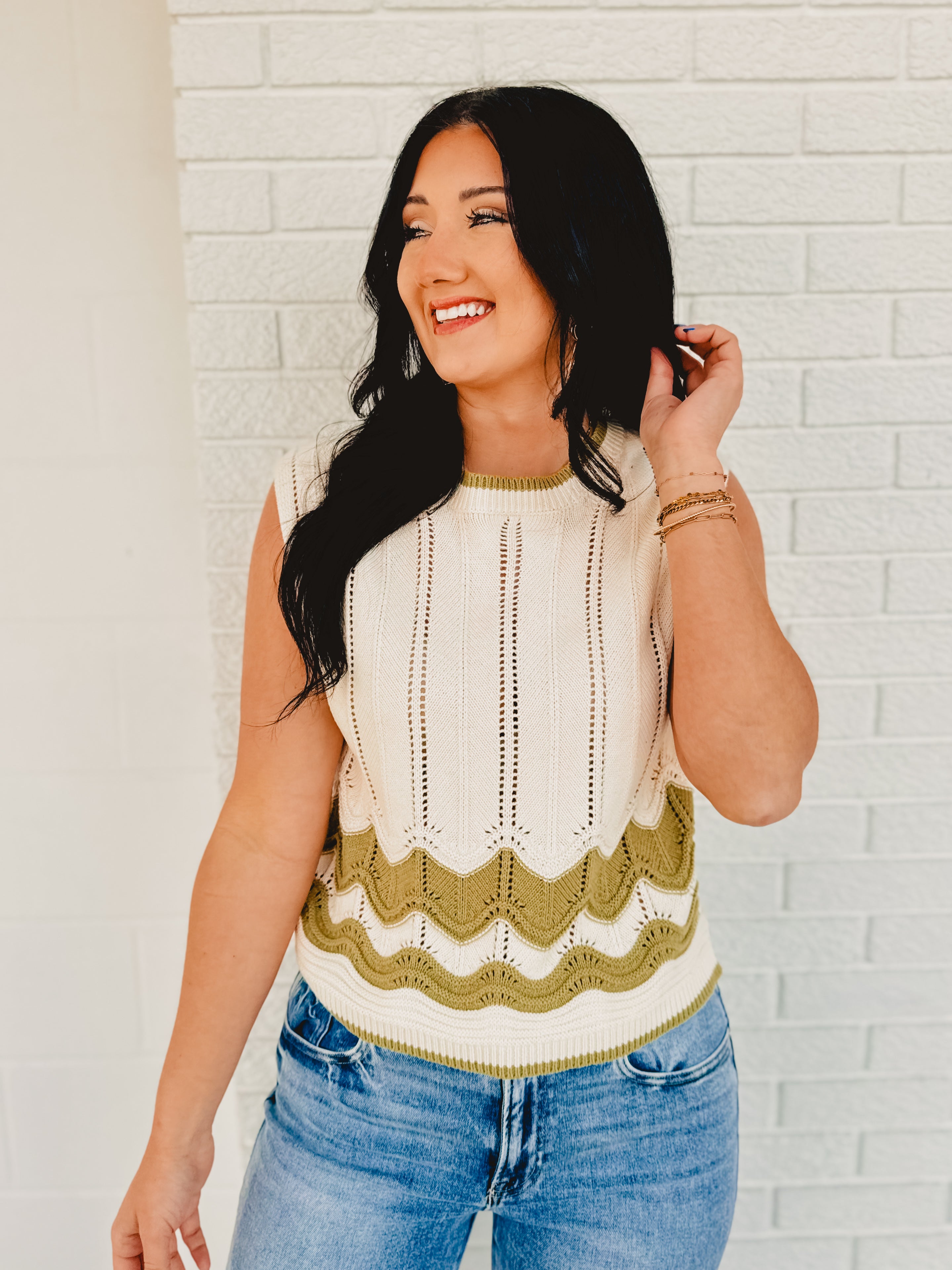 Cable Knit Sleeveless Top - Cream/Sage