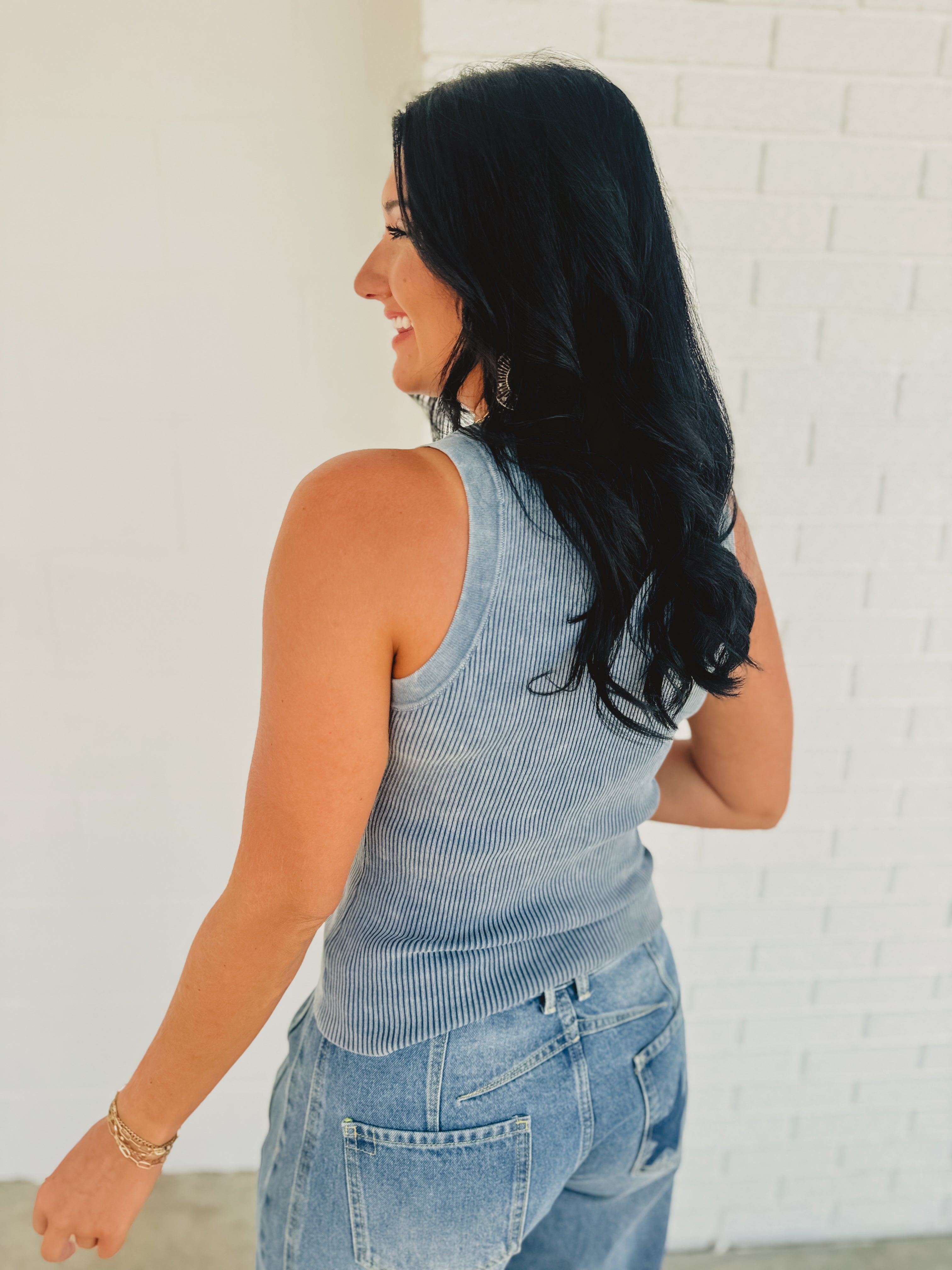 Washed Ribbed Knit Tank - Dusty Blue