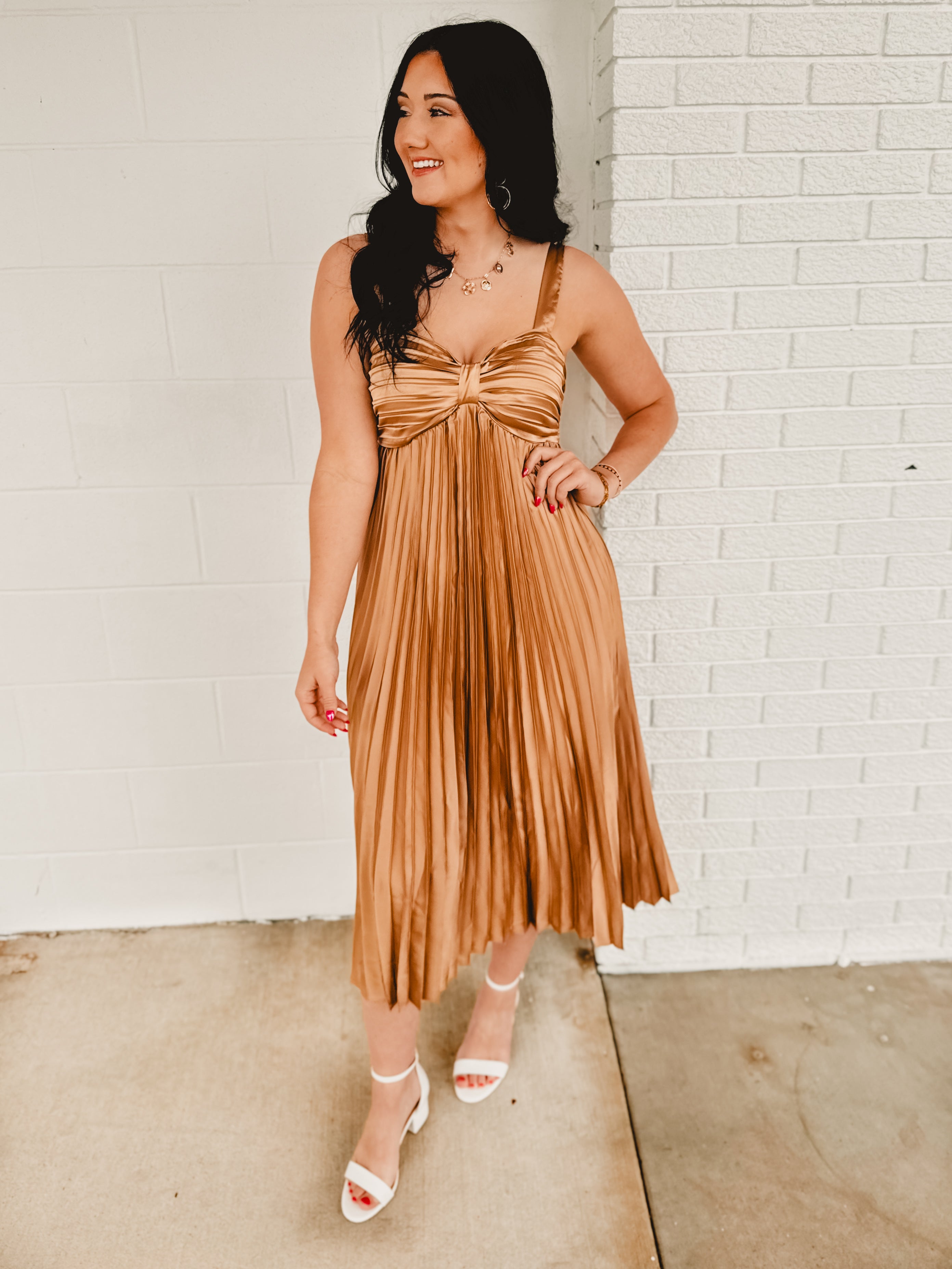Satin Pleated Midi Dress - Golden