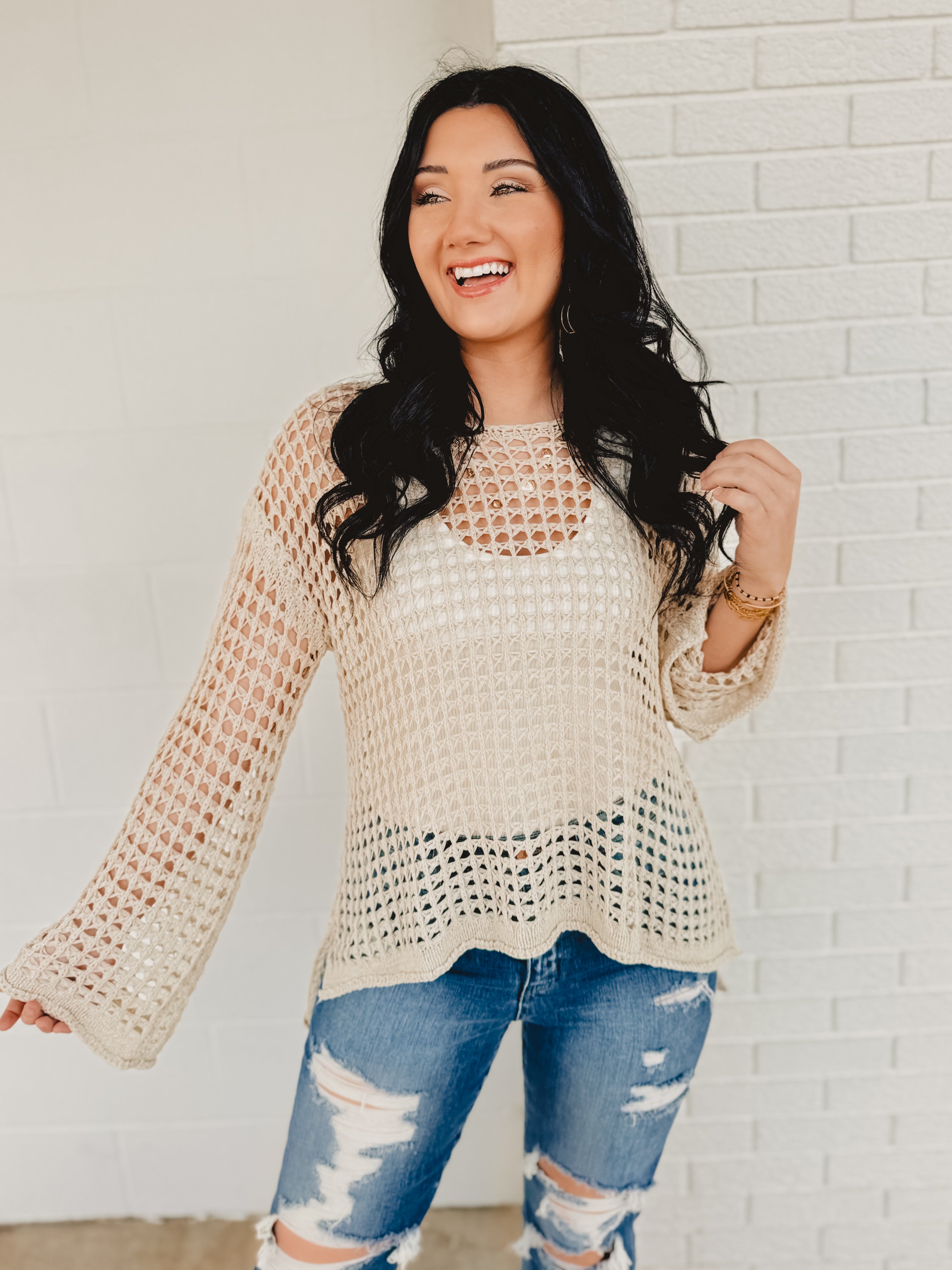 POL Dropped Shoulder Open Knit Boat Neck Sweater Top - Natural