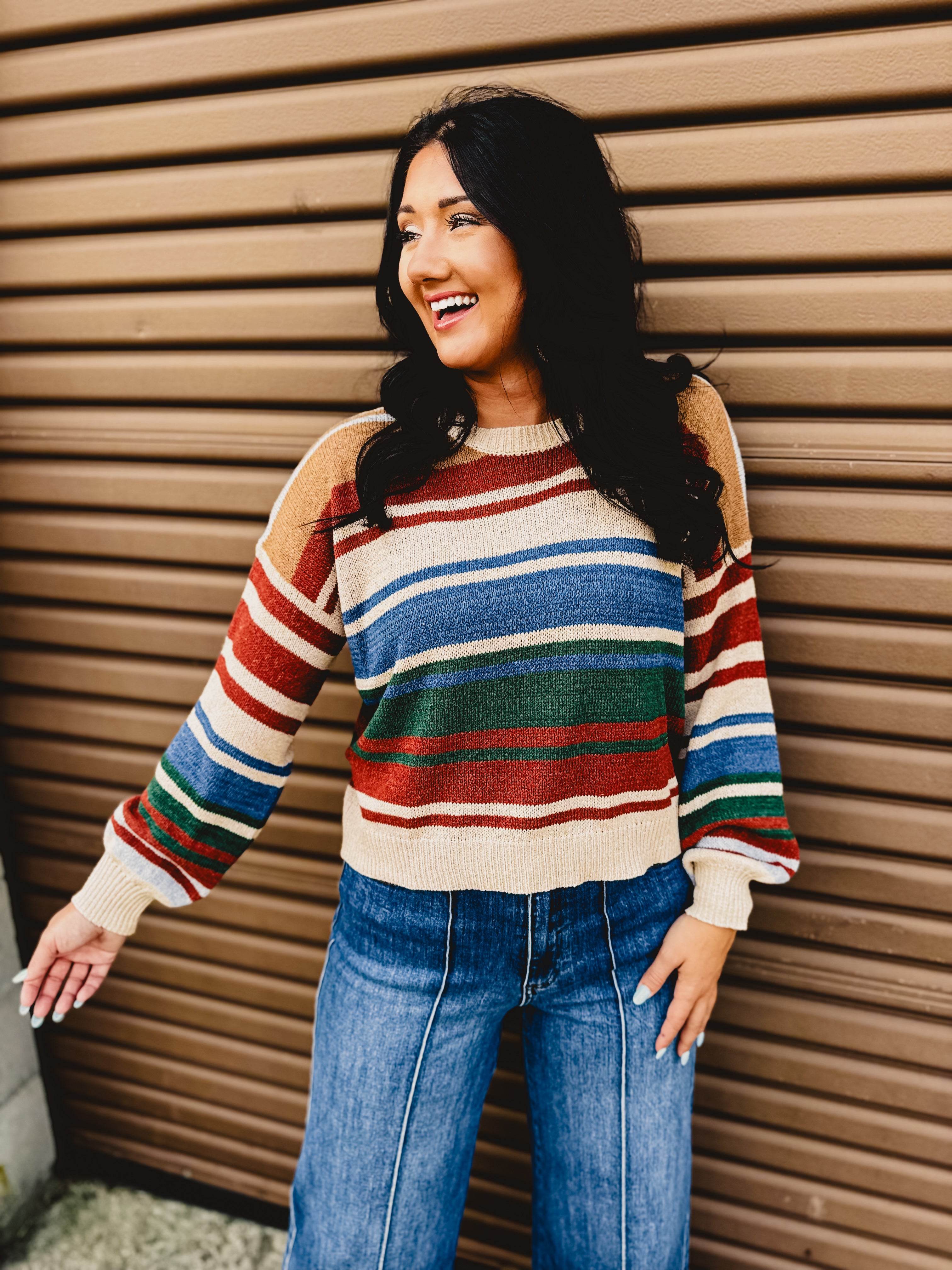 Color Block Striped Sweater - Blue/Rust