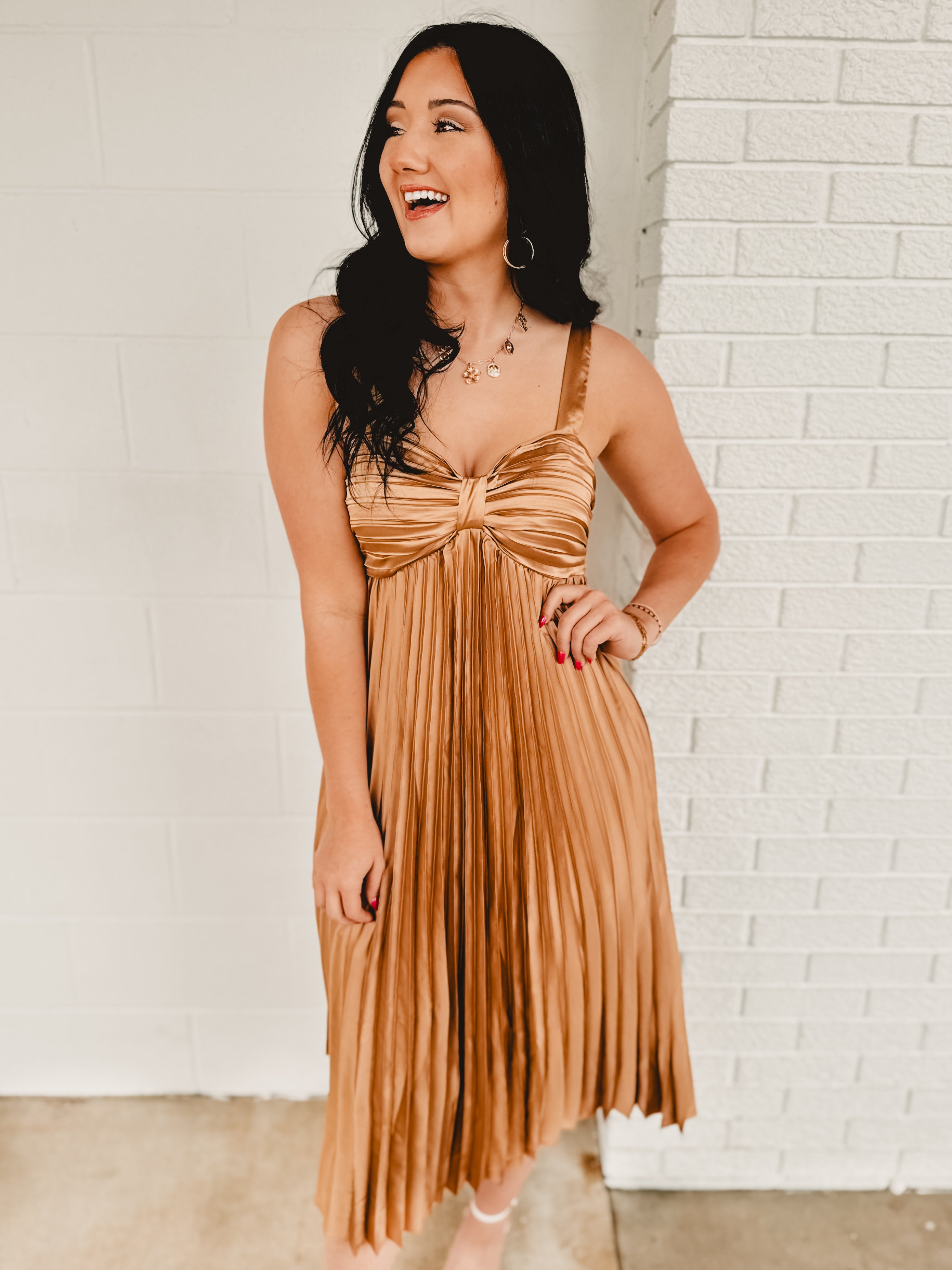Satin Pleated Midi Dress - Golden