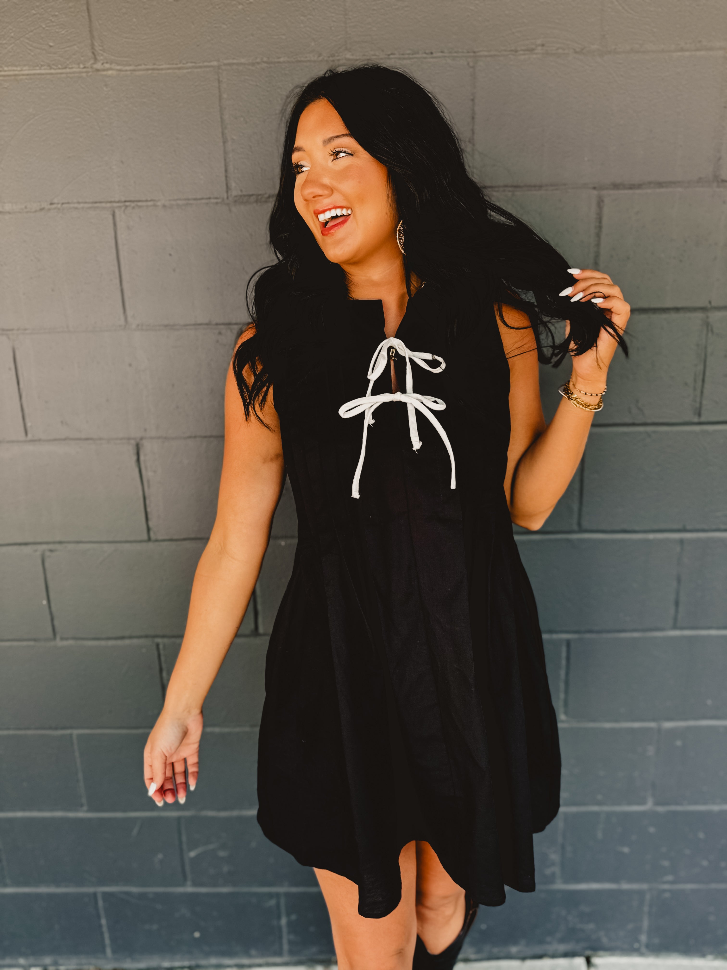 Bow Pleated Mini Dress - Black