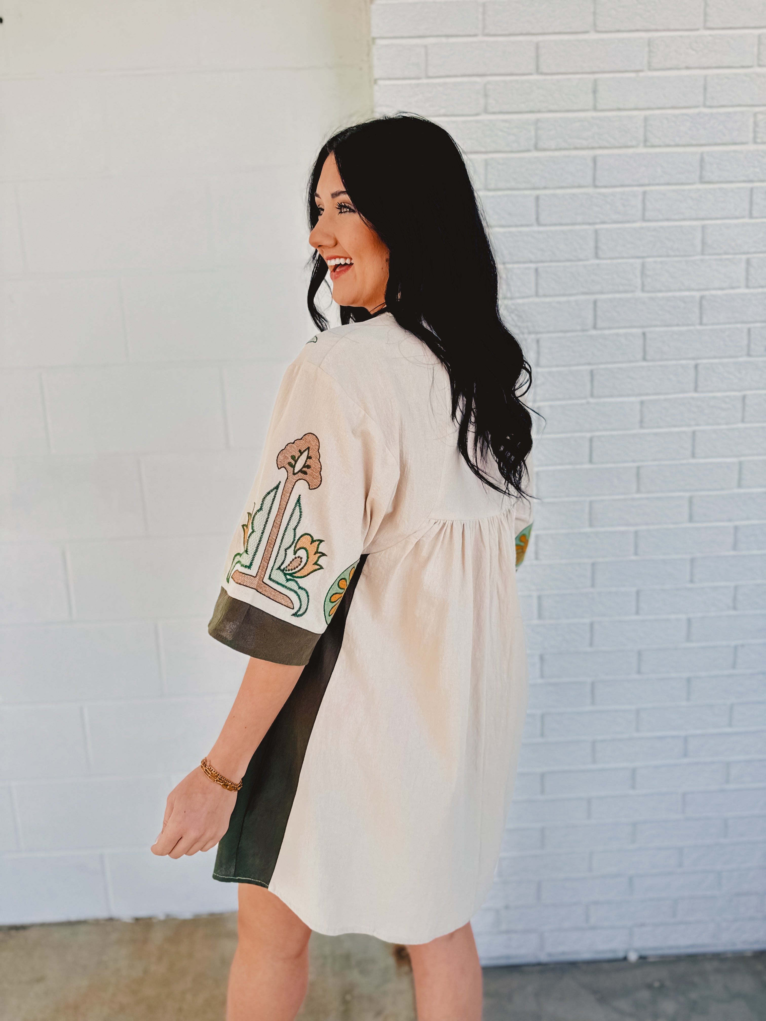 Boho Embroidered Babydoll Dress - Sage