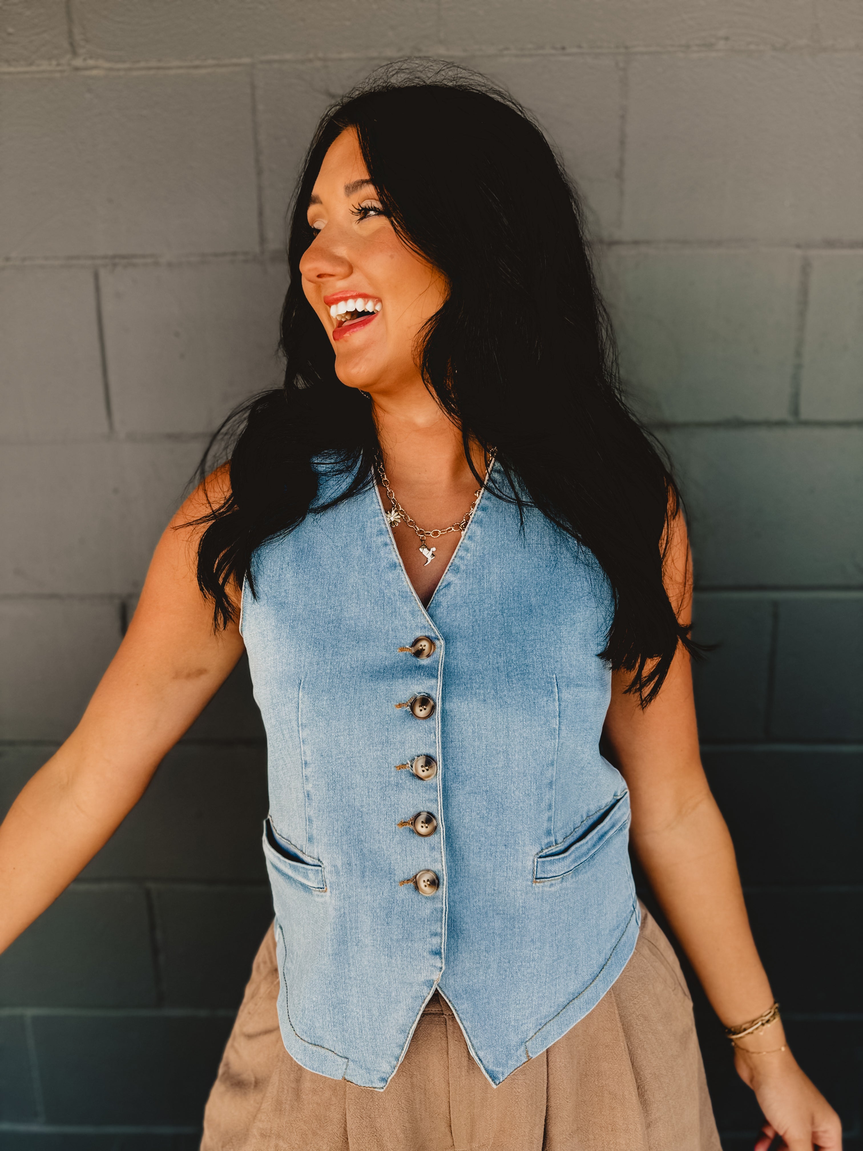 Denim Button Down Vest - Light Denim