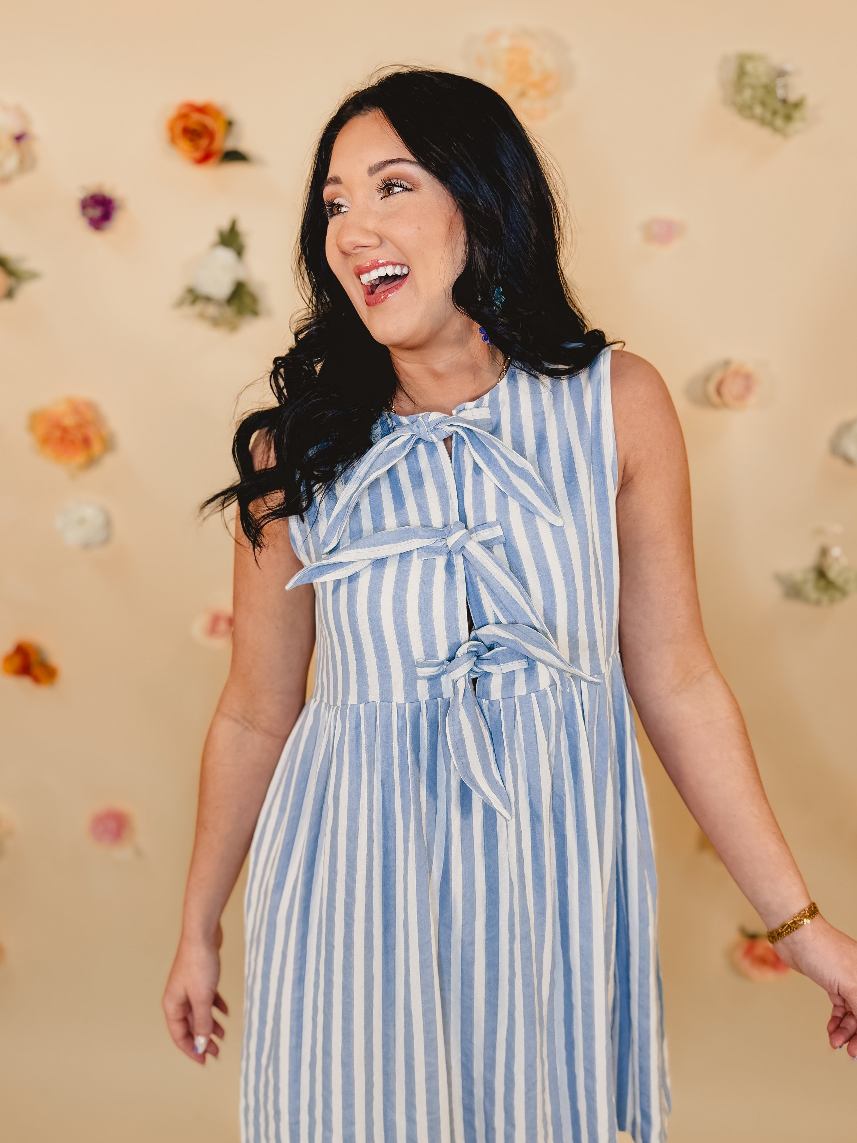 Striped Bow Mini Dress - Light Blue