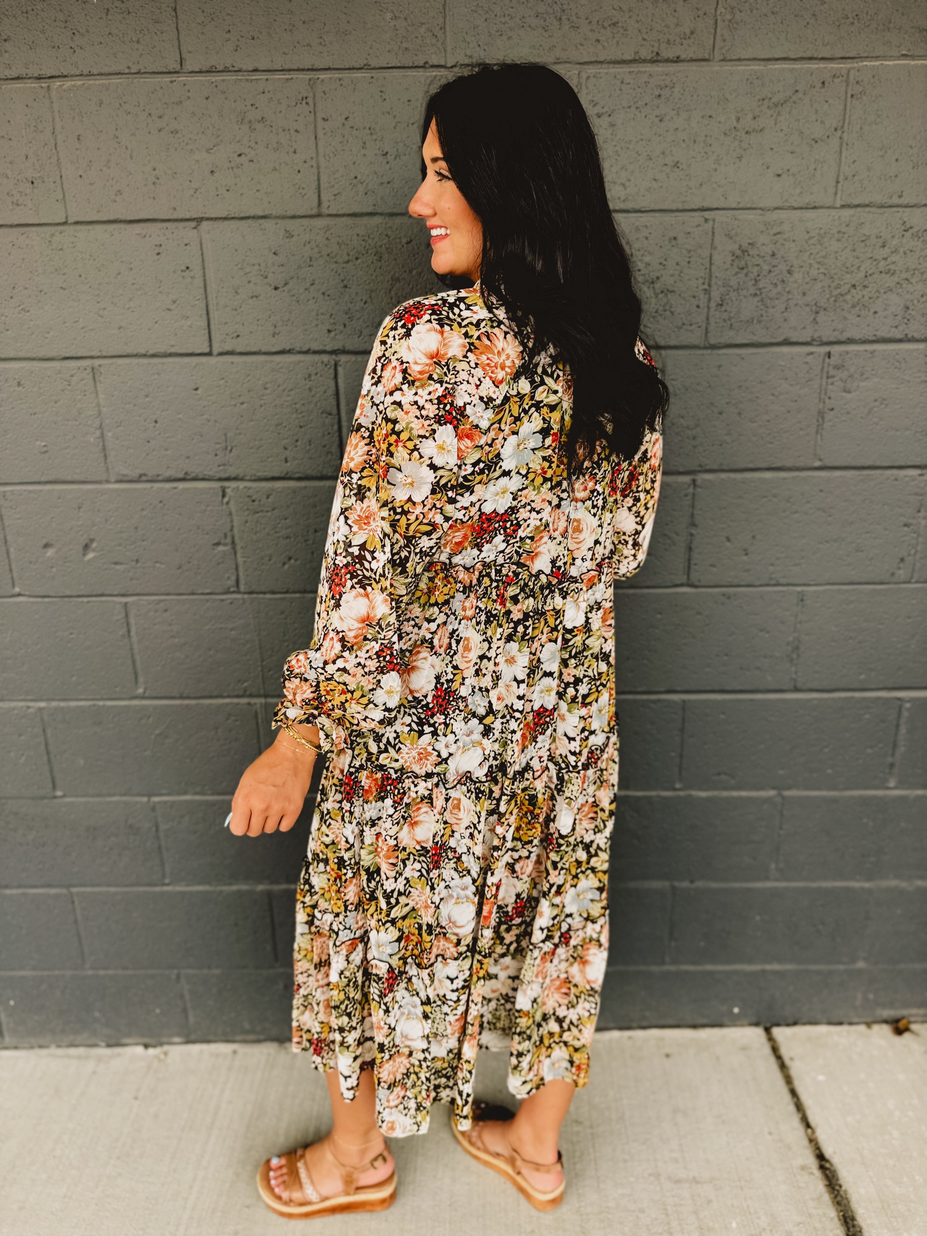 Floral Printed Chiffon Long Sleeve Midi Dress - Black