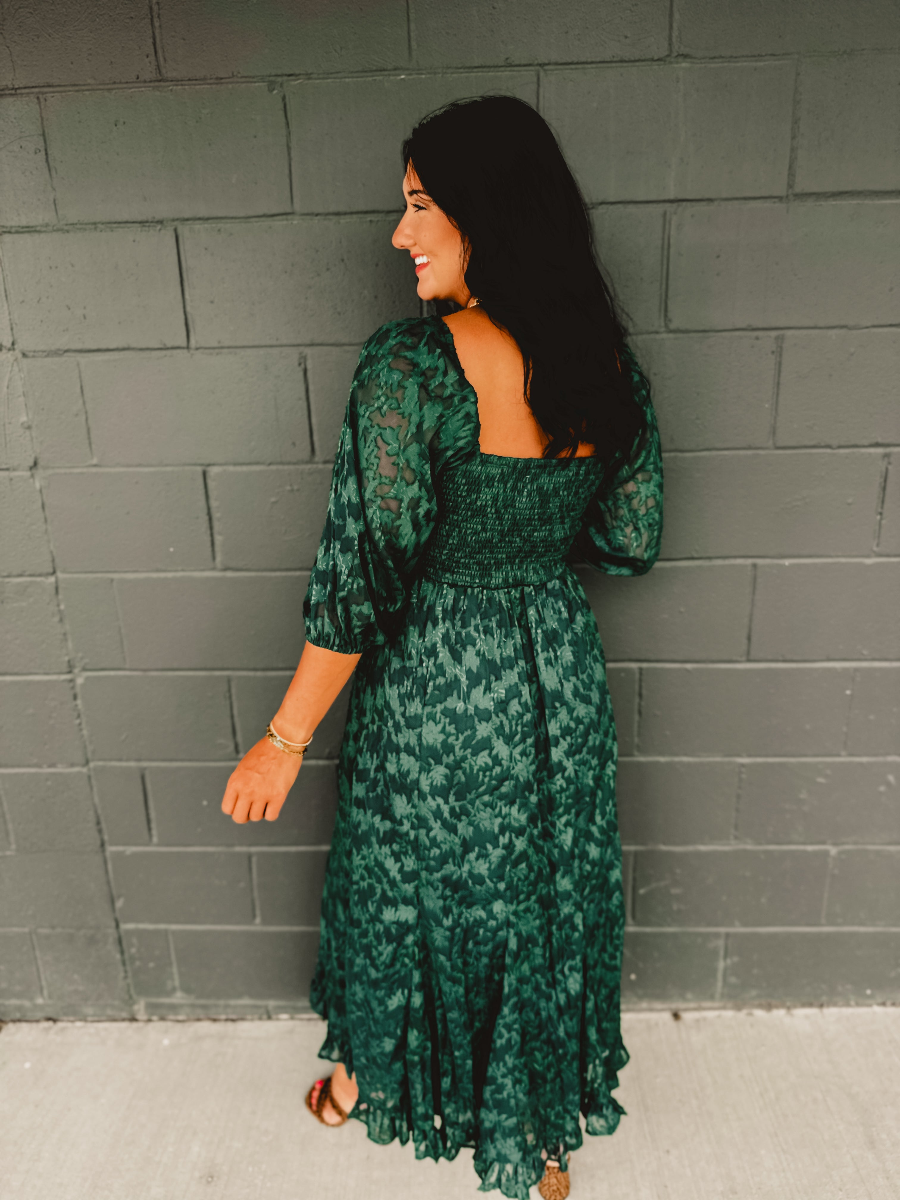 PREORDER: Jacquard Smocked Ruffled Hem Maxi Dress - Hunter Green