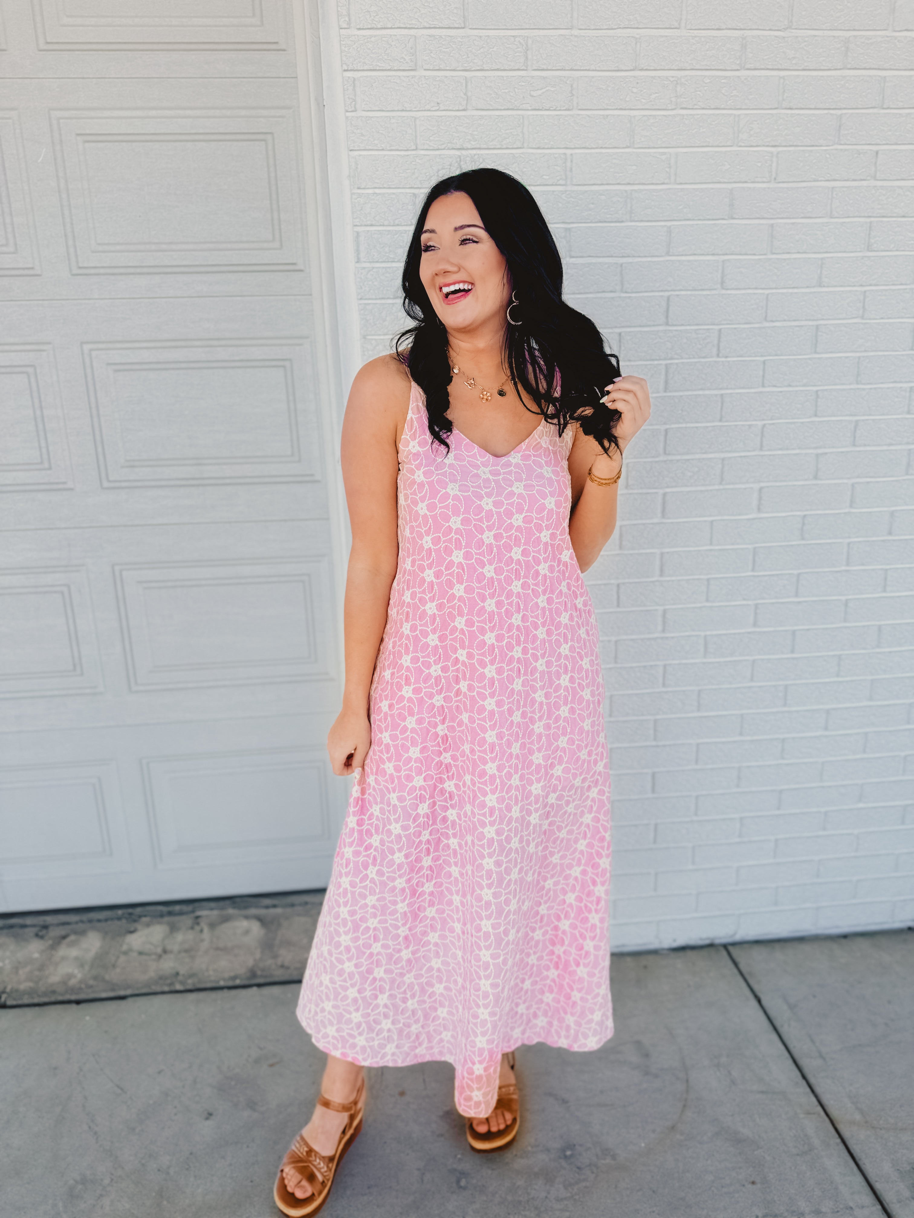 Floral Embroidered V-Neck Dress - Sunset Coral