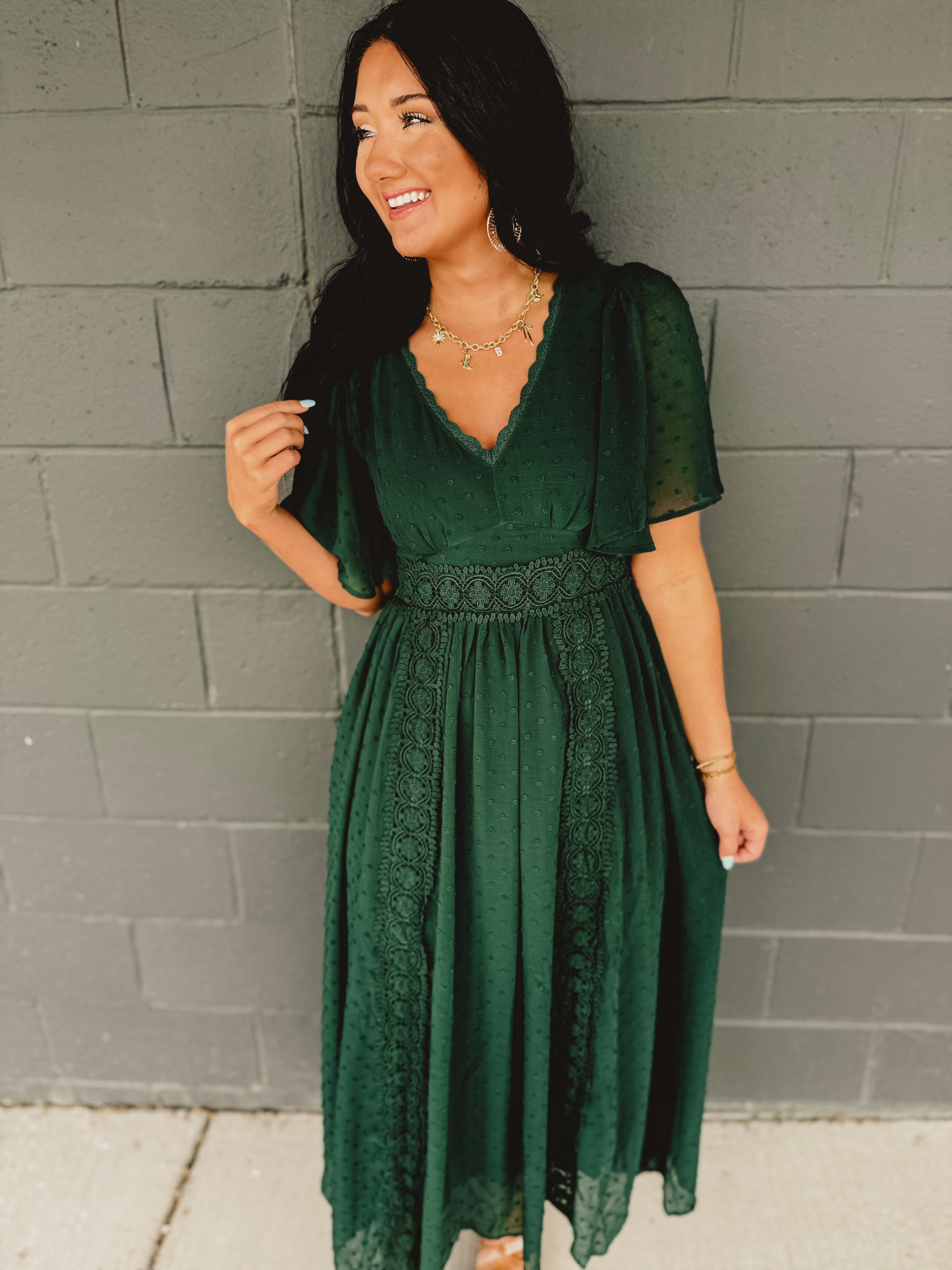 Swiss Dot Lace Maxi Dress - Evergreen
